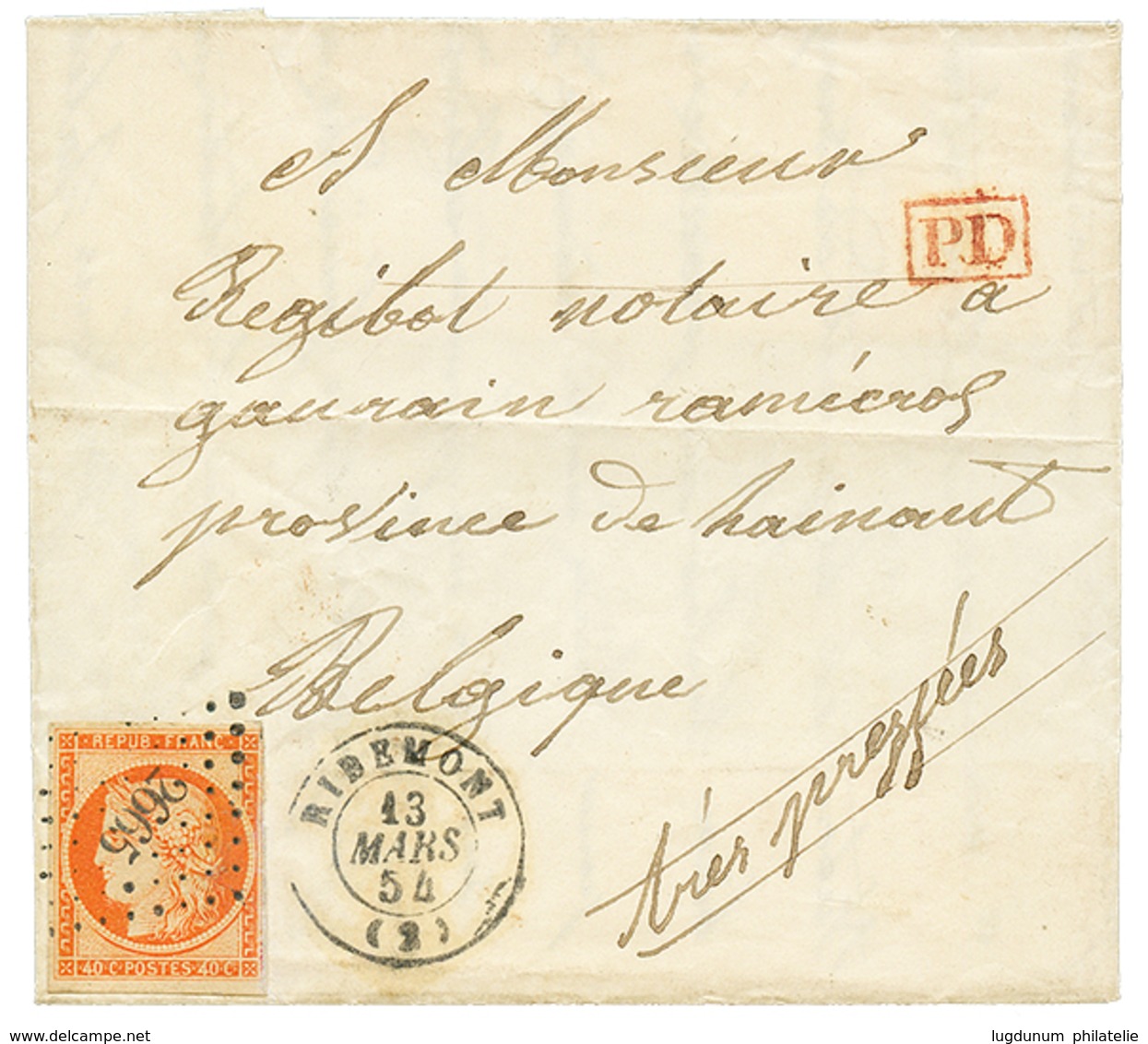 360 1854 40c CERES(n°5) Réparé Obl. PC 2665 + T.15 RIBEMONT Sur Lettre Pour La BELGIQUE. Superbe. - 1849-1850 Ceres