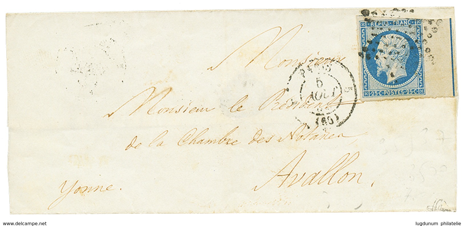 367 25c PRESIDENCE (n°10) Bord De Feuille Avec FILET D' ENCADREMENT Coin Supérieur Droit Légèrement Touché Sur Lettre De - 1852 Louis-Napoleon