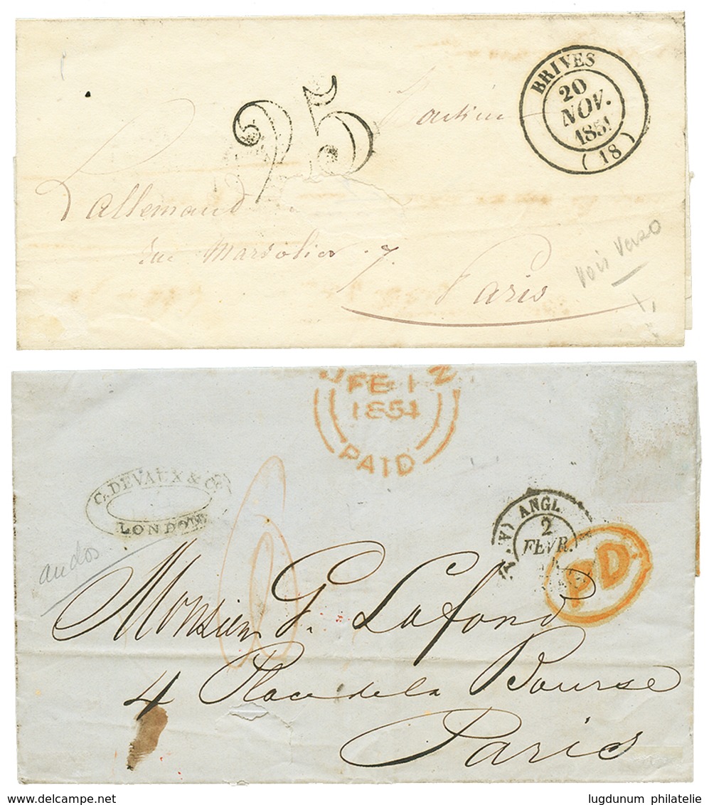 369 POSTE FERROVIAIRE : 2 Lettres (1851/54) Avec Cachets Rares RETARD DU COURRIER PARIS Et RETARD DU CONVOI PARIS. TTB. - 1853-1860 Napoleon III