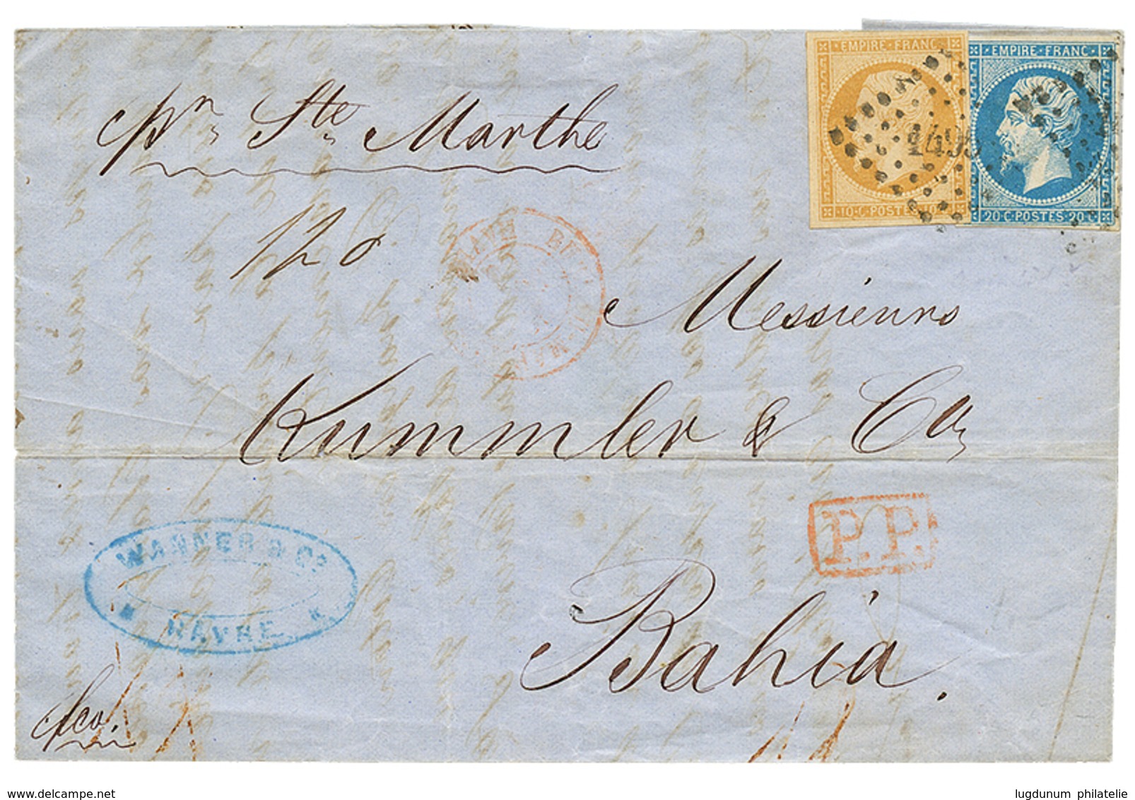 373 "Tarif BATIMENT De COMMERCE à 30c Pour Le BRESIL" : 1860 10c(n°13) + 20c(n°14) TTB Margés Obl. PC 1495 + "P. STE MAR - 1853-1860 Napoleon III