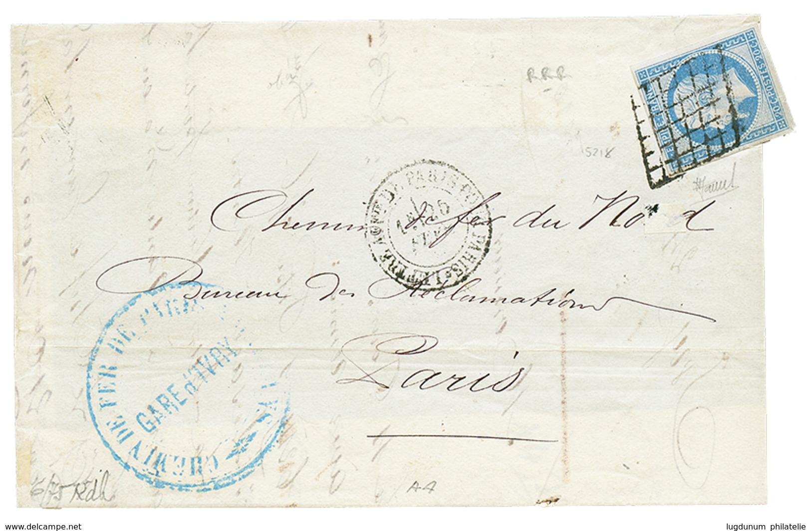 375 20c(n°14) Obl. Grille + LETTRE AFFR. DE PARIS POUR PARIS Sur DEVANT De Lettre Pour PARIS. Trés Rare En DOUBLE PORT.  - 1853-1860 Napoleon III