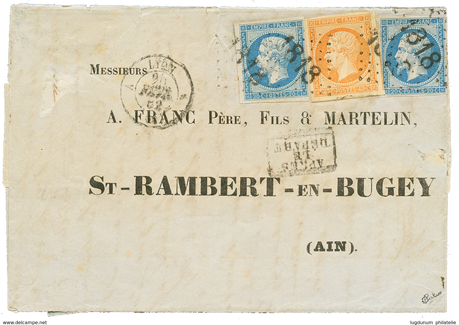 376 "Cachet D' ESSAI 1818 De LYON" : 1852 20(n°14)x2 + 40c(n°16) Obl. Cachet 1818 Baton Sur Lettre De LYON Pour Le BUGEY - 1853-1860 Napoléon III