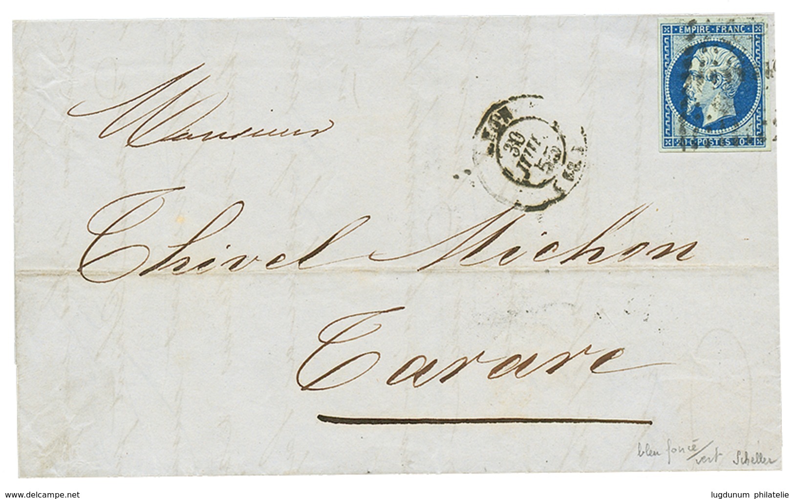 377 1855 20c(n°14) Bleu Fonçé Sur Vert (n°14i) TB Margé Sur Lettre De LYON. Cote 360€. Signé SCHELLER. TTB. - 1853-1860 Napoleon III