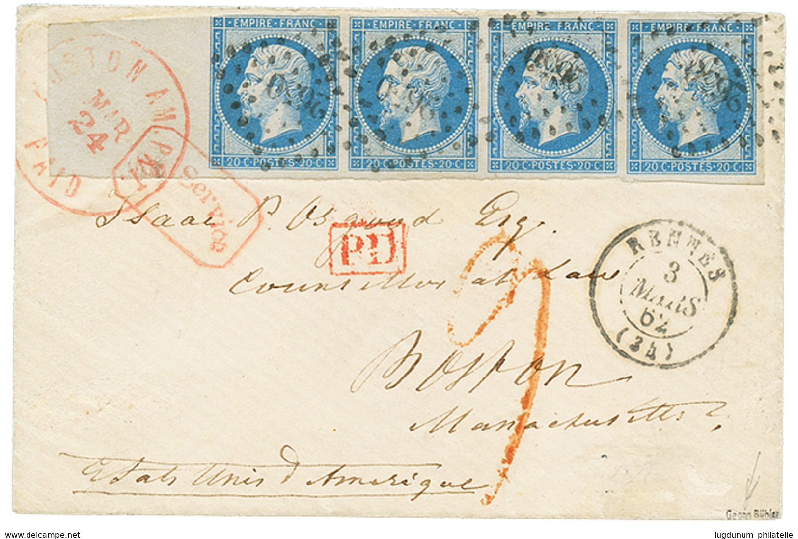 384 1862 20c(n°14) Bande 4 Avec Bord De Feuille Intégral Obl. PC 2650 + T.15 RENNES + Taxe 9 Rouge + BOSTON A.M PKT PAID - 1853-1860 Napoléon III