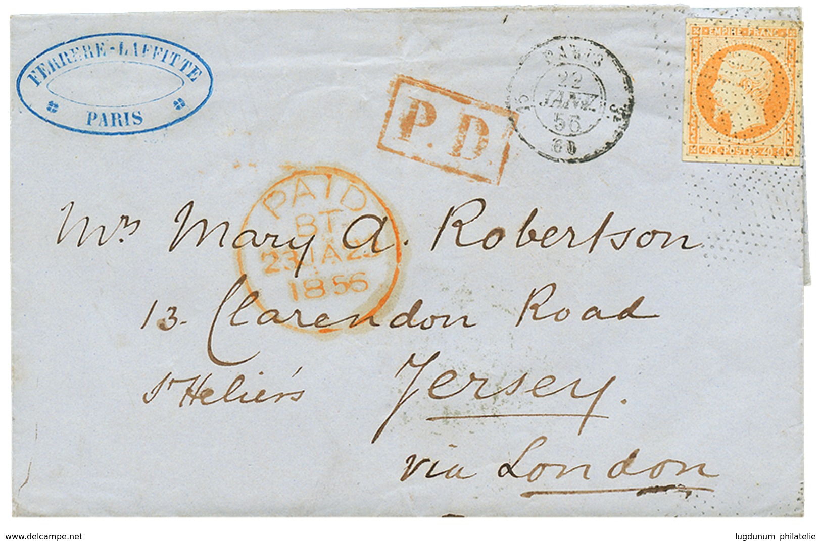 386 1856 40c(n°16) TTB Margé Obl. Roulette De POINTILLES FINS Sur Lettre De PARIS Pour JERSEY. Superbe Cachet D' Arrivée - 1853-1860 Napoléon III
