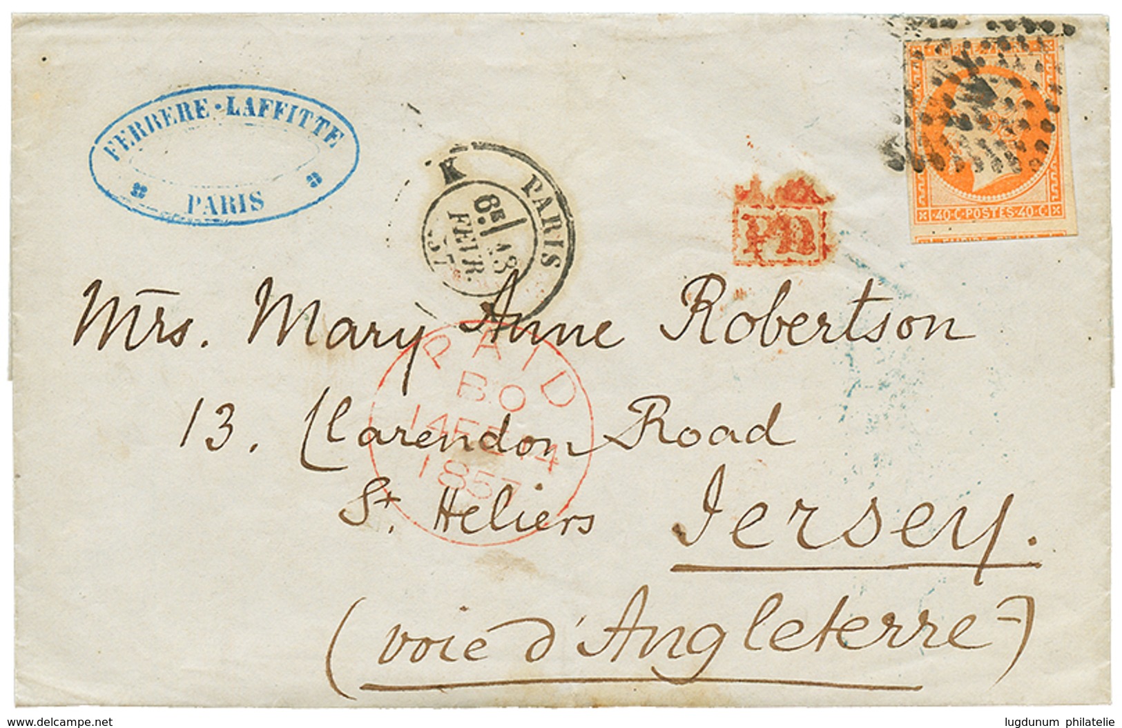 387 1857 40c(n°16) TB Margé Obl. Sur Lettre De PARIS Pour JERSEY. Superbe Cachet D' Arrivée Au Verso. TB. - 1853-1860 Napoléon III