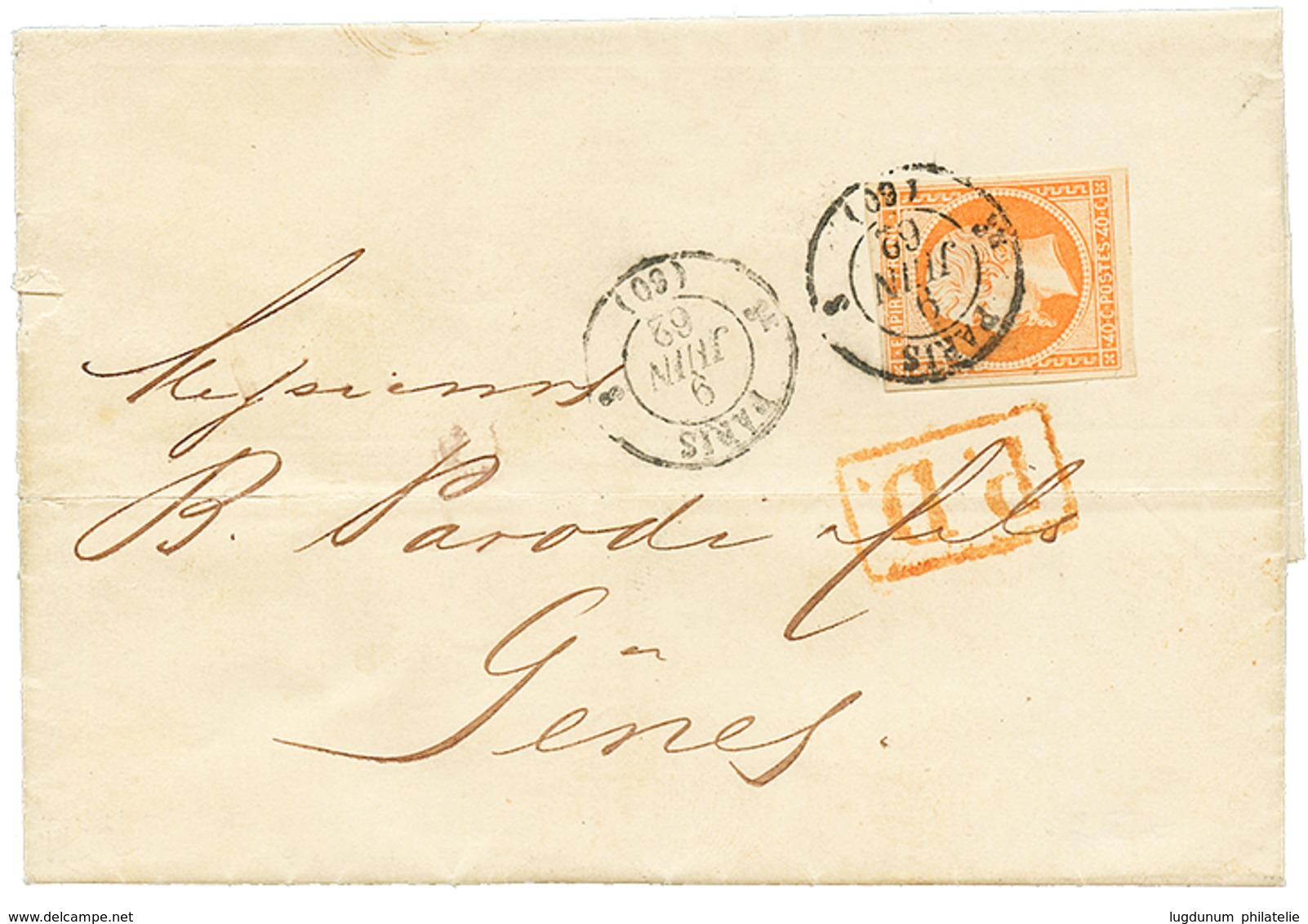 388 1862 40c(n°16) TTB Margé Obl. Par Cachet à Date T.15 PARIS (rare Sur Timbre) Sur Lettre Pour L'ITALIE. Superbe. - 1853-1860 Napoleon III