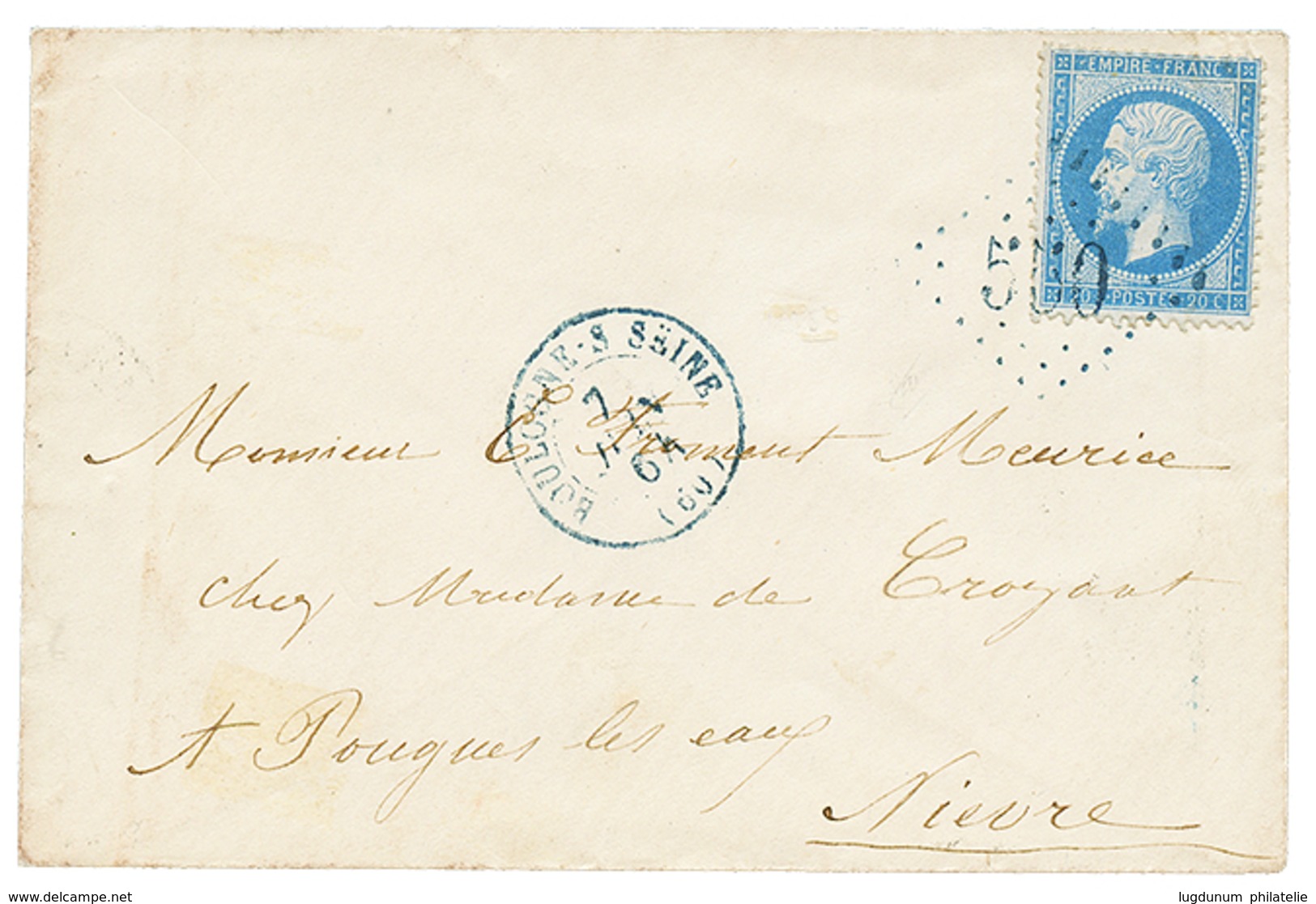 395 1864 20c(n°22) Obl. GROS CHIFFRE 550 En Bleu + T.15 BOULOGNE-S-MER En Bleu Sur Lettre. Rare. TTB. - 1863-1870 Napoleon III With Laurels