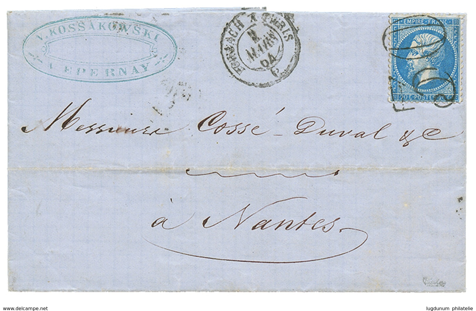 396 1864 20c(n°22) Obl. Cachet TAXE 30 + Ambulant FORBACH A PARIS Sur Lettre D' EPERNAY. RARE. TTB. - 1863-1870 Napoléon III Lauré