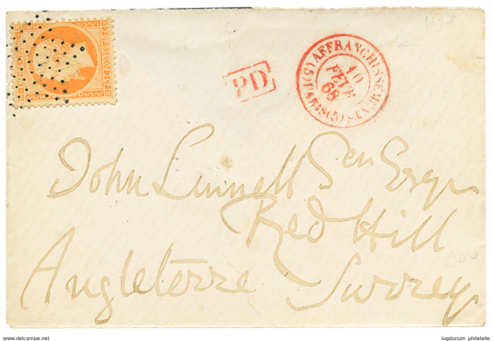 398 1868 40c(n°23) Obl. Etoile + Cachet Rouge AFFRANCHISSEMENTS (5) PARIS Sur Env. Pour L'ANGLETERRE. RARE. Superbe. - 1863-1870 Napoléon III Lauré