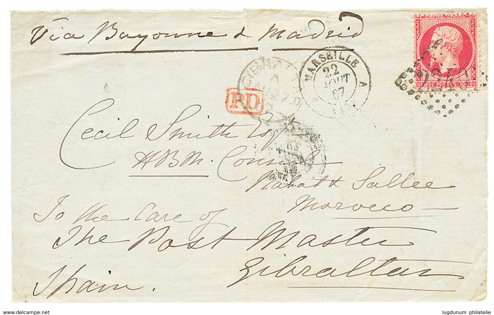 399 "Destination MAROC" : 1867 80c(n°24) Obl. GC 2240 + MARSEILLE + GIBRALTAR Sur DEVANT De Lettre Pour Le CONSUL ANGLAI - 1863-1870 Napoléon III Lauré