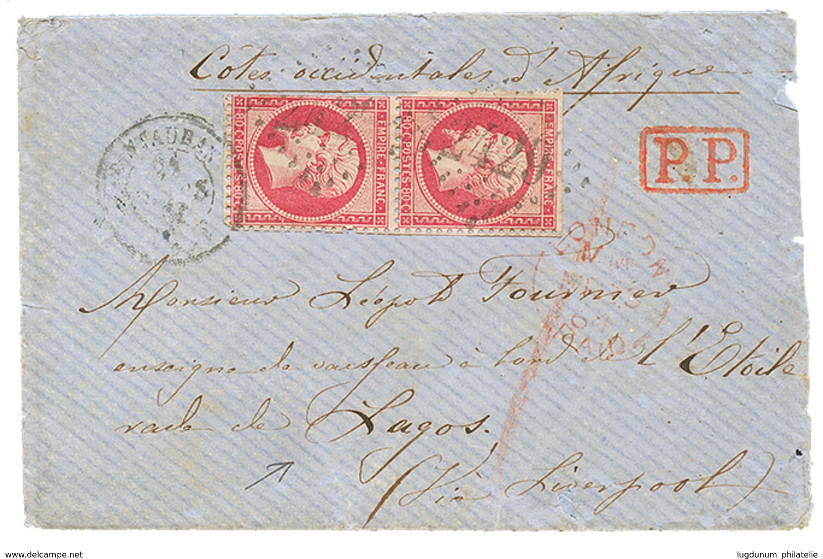 400 "Double Port Pour LAGOS" : 1864 Paire 80c Def. Obl. GC 2429 + T.15 MONTAUBAN Sur Enveloppe(pd) Avec Texte Complet (8 - 1863-1870 Napoleon III With Laurels