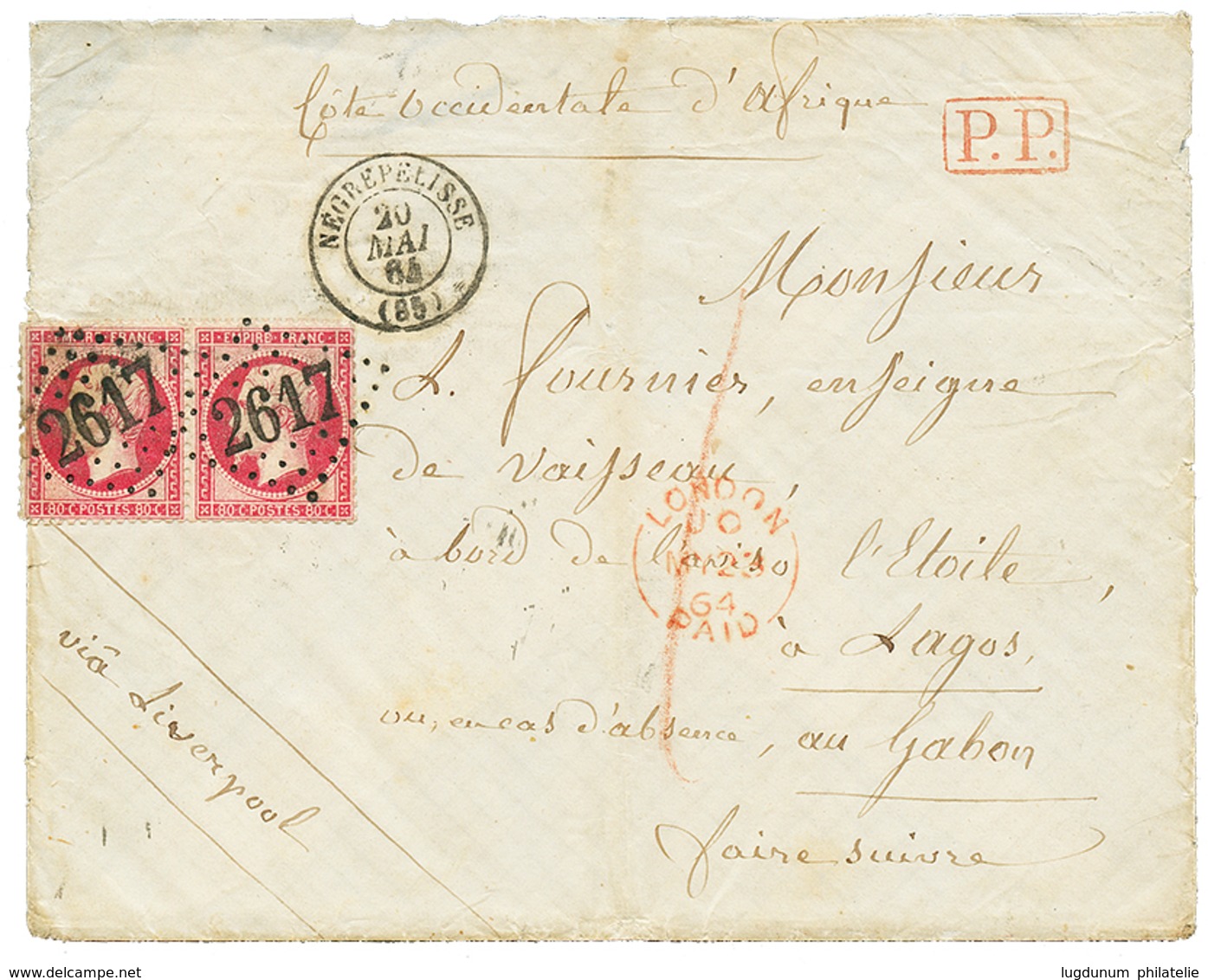 401 "1F60 Pour LAGOS" : 1864 Paire 80c(n°24) Obl. GC 2617 + NEGREPELISSE Sur Env (double Port) Pour LAGOS. Destination R - 1863-1870 Napoleon III With Laurels