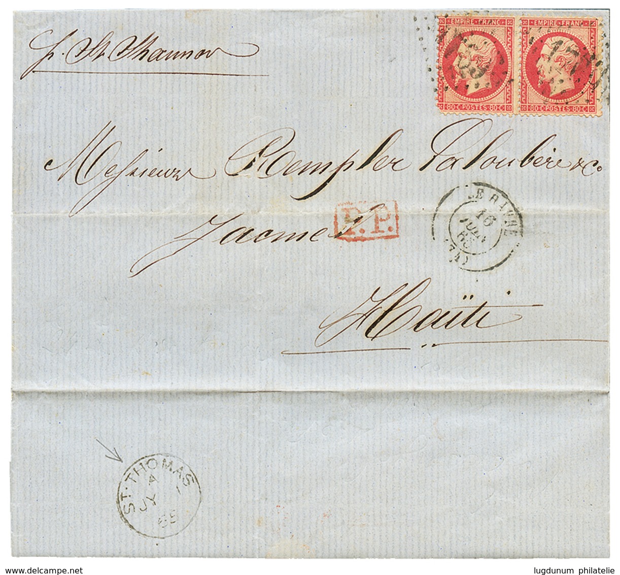 402 "Destination HAITI Via ST THOMAS" : 1866 80c(x2) Pd Sur Lettre Du HAVRE Pour HAITI. Verso, ST THOMAS. TTB. - 1863-1870 Napoléon III Lauré