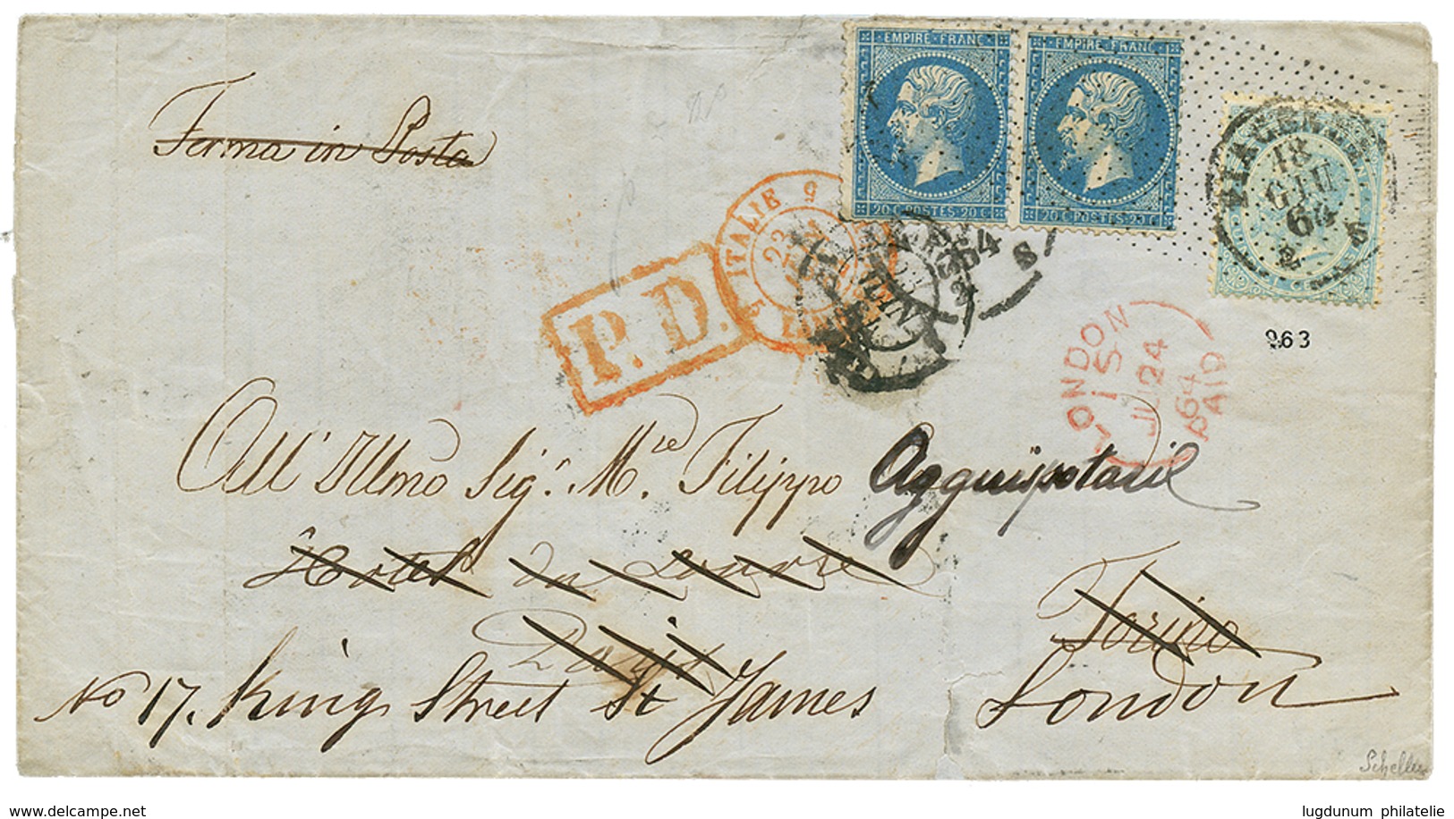 403 1864 ITALIE 15c Sur Lettre(pd) Pour TORINO Redirigée à PARIS Et Réexpédiée En ANGLETERRE Avec FRANCE 20c(n°22)x2 Obl - 1863-1870 Napoleon III With Laurels