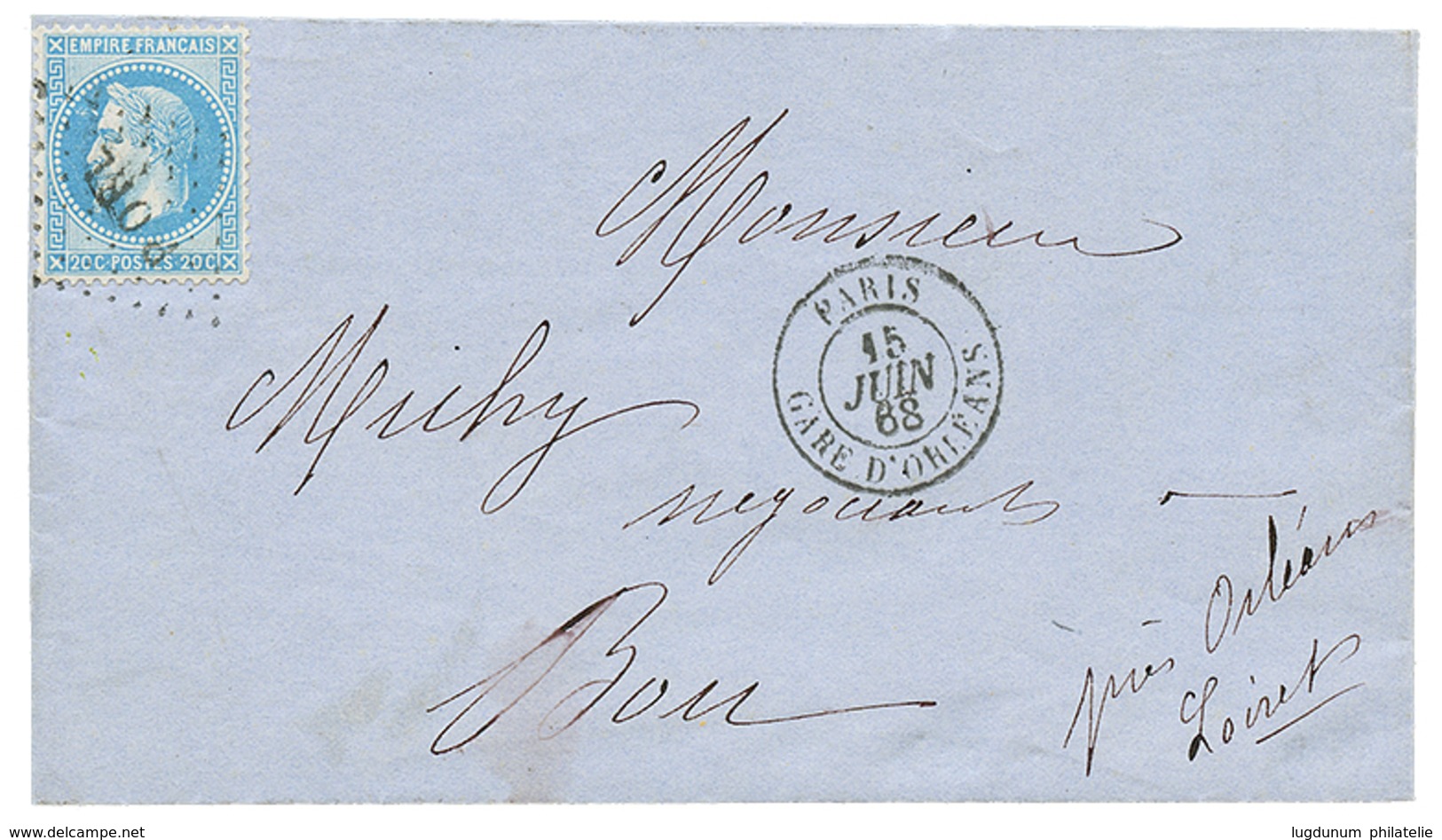 407 POSTE FERROVIAIRE : 1868 N°29bl. Ambulant PORL + PARIS GARE D' ORLEANS, Pour BROU. Rare. Indice 22 = 700€. Superbe. - 1863-1870 Napoléon III Lauré