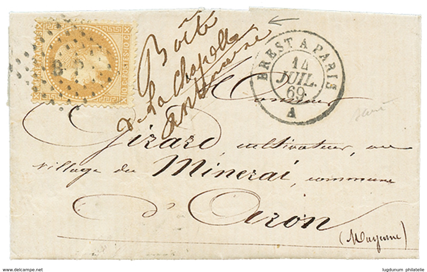 408 POSTE FERROVIAIRE : 1869 N°28 Obl. Ambulant BP + PARIS A BREST A + Mention Manus. "BOITE DE LA CHAPELLE ..." Sur Let - 1863-1870 Napoleon III With Laurels