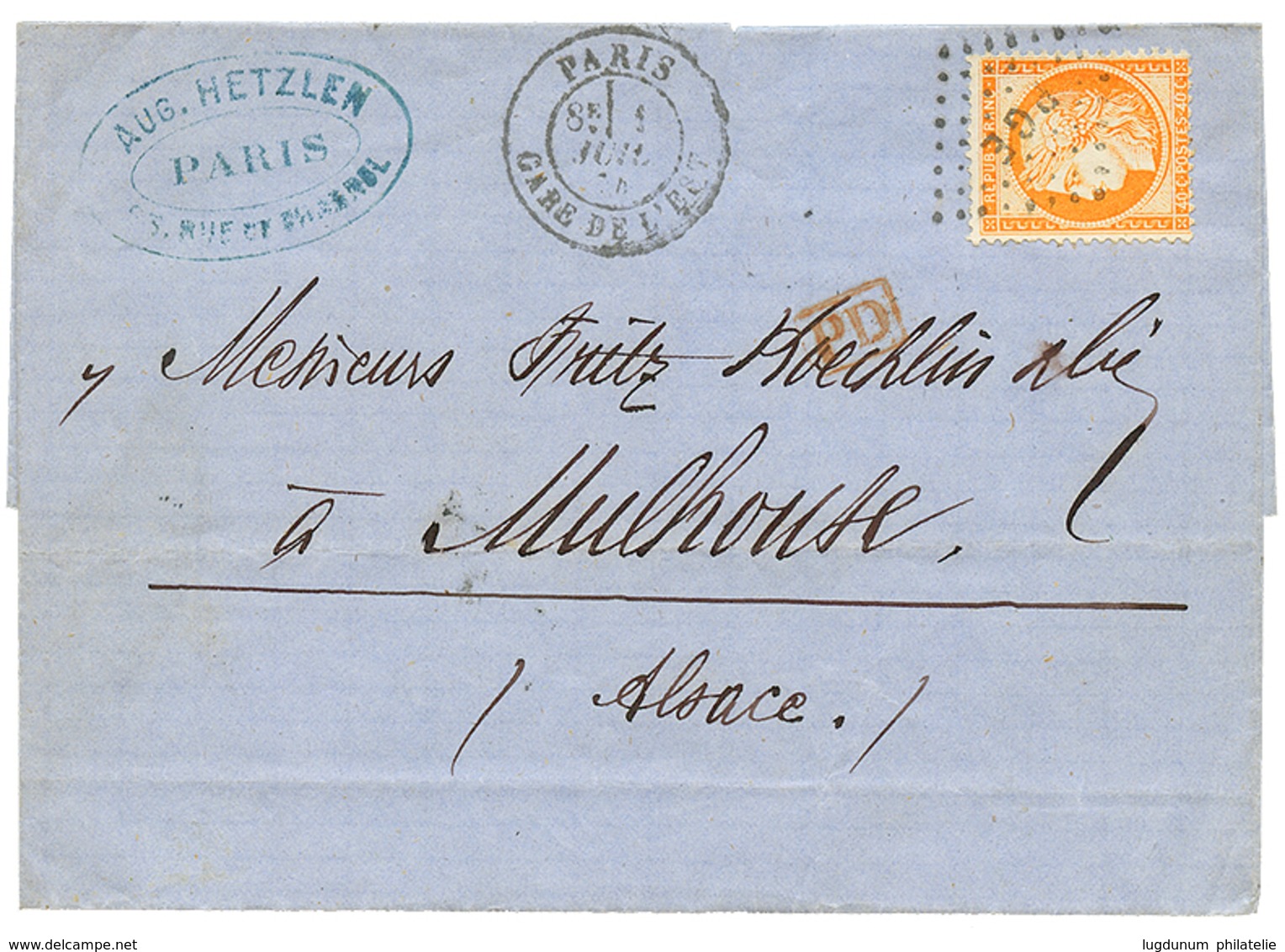 409 POSTE FERROVIAIRE : 1874 40c SIEGE(n°38) Obl. PGE + PARIS GARE DE L' EST, Pour MULHOUSE. TTB. - 1863-1870 Napoleon III With Laurels