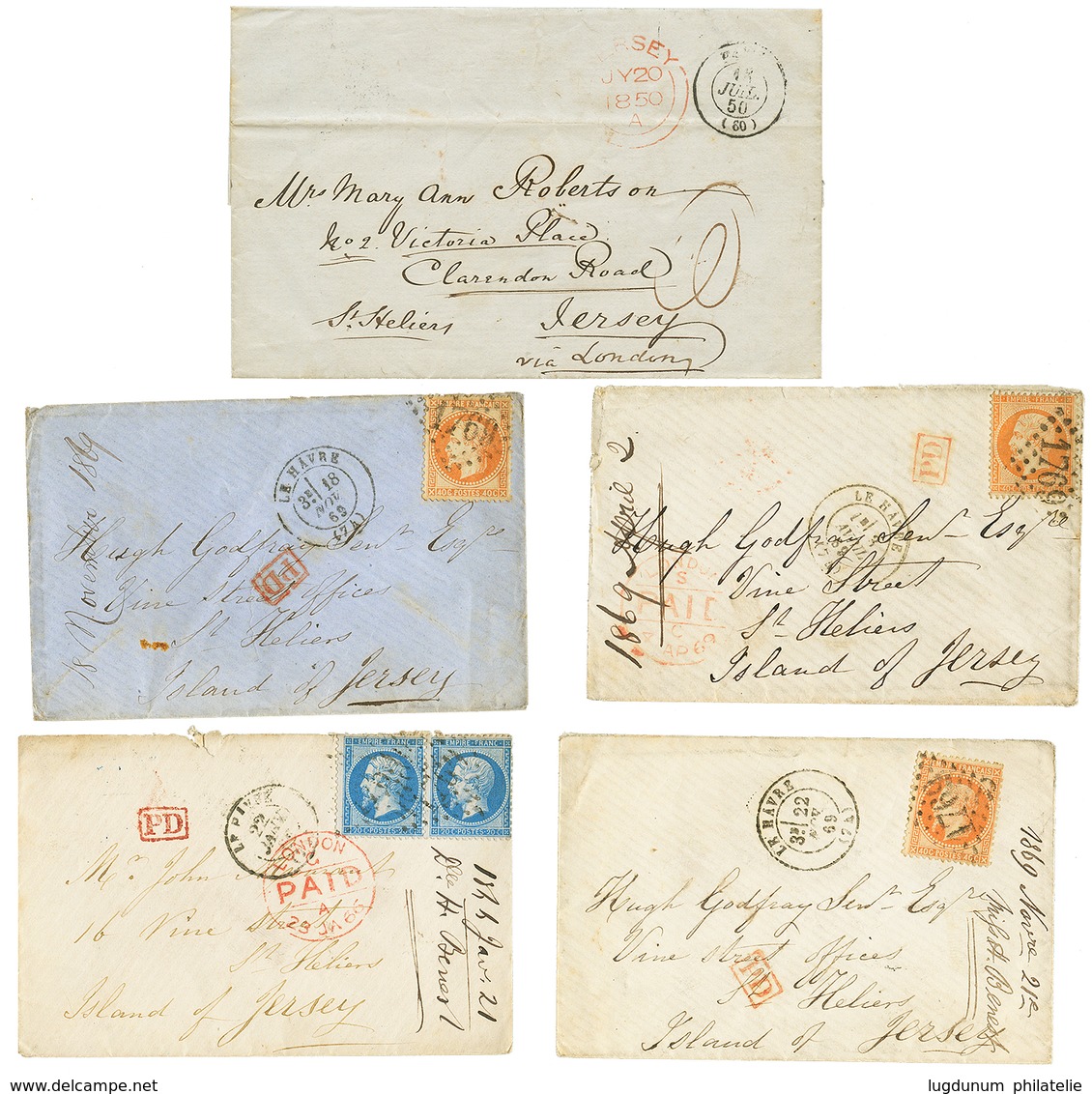 411 1850/69 Lot De 5 Lettres à Destination De JERSEY. Destination Pas Courante. TTB. - 1863-1870 Napoléon III Lauré