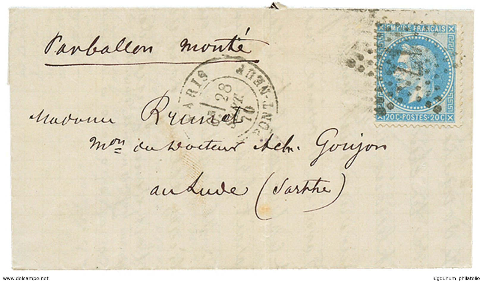 414 20c(n°29) Obl. Etoile + PARIS 28 Sept 70 Sur Lettre Pour LUDE. Verso, T.23 LUCHE 16 Oct 70. Ballon "LE NOM DENOMME N - War 1870