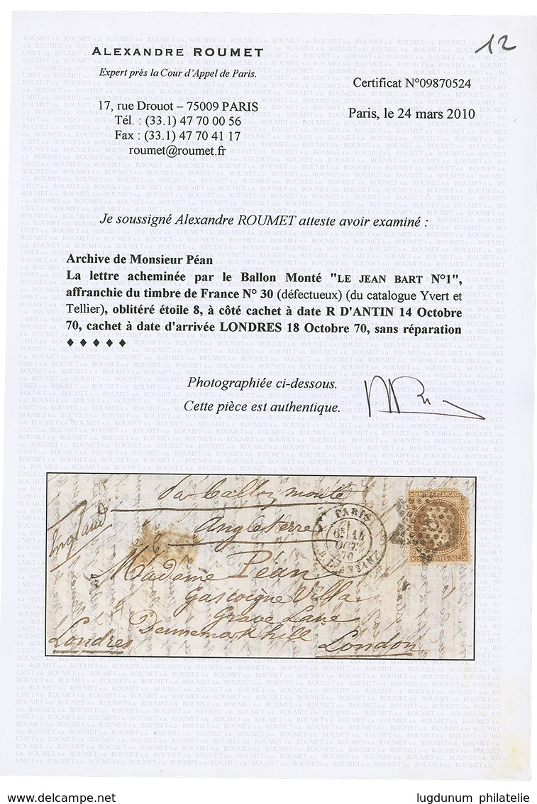 417 30c(n°30) Déf. Obl. Etoile + PARIS 14 Oct 70 Sur Lettre Pour L' ANGLETERRE. Verso, LONDON 18 Oct 70. BALLON "LE JEAN - Guerre De 1870