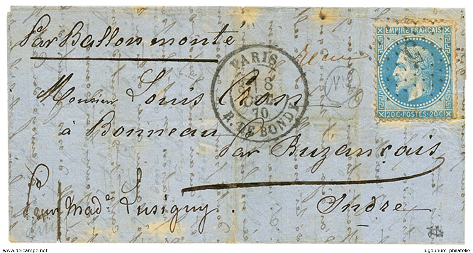 418 20c(n°29) Obl. Etoile + PARIS 8 Oct 70 Sur Lettre (rousseur) Pour BUZANCAIS(17 Oct 70). B/TB. - Guerre De 1870