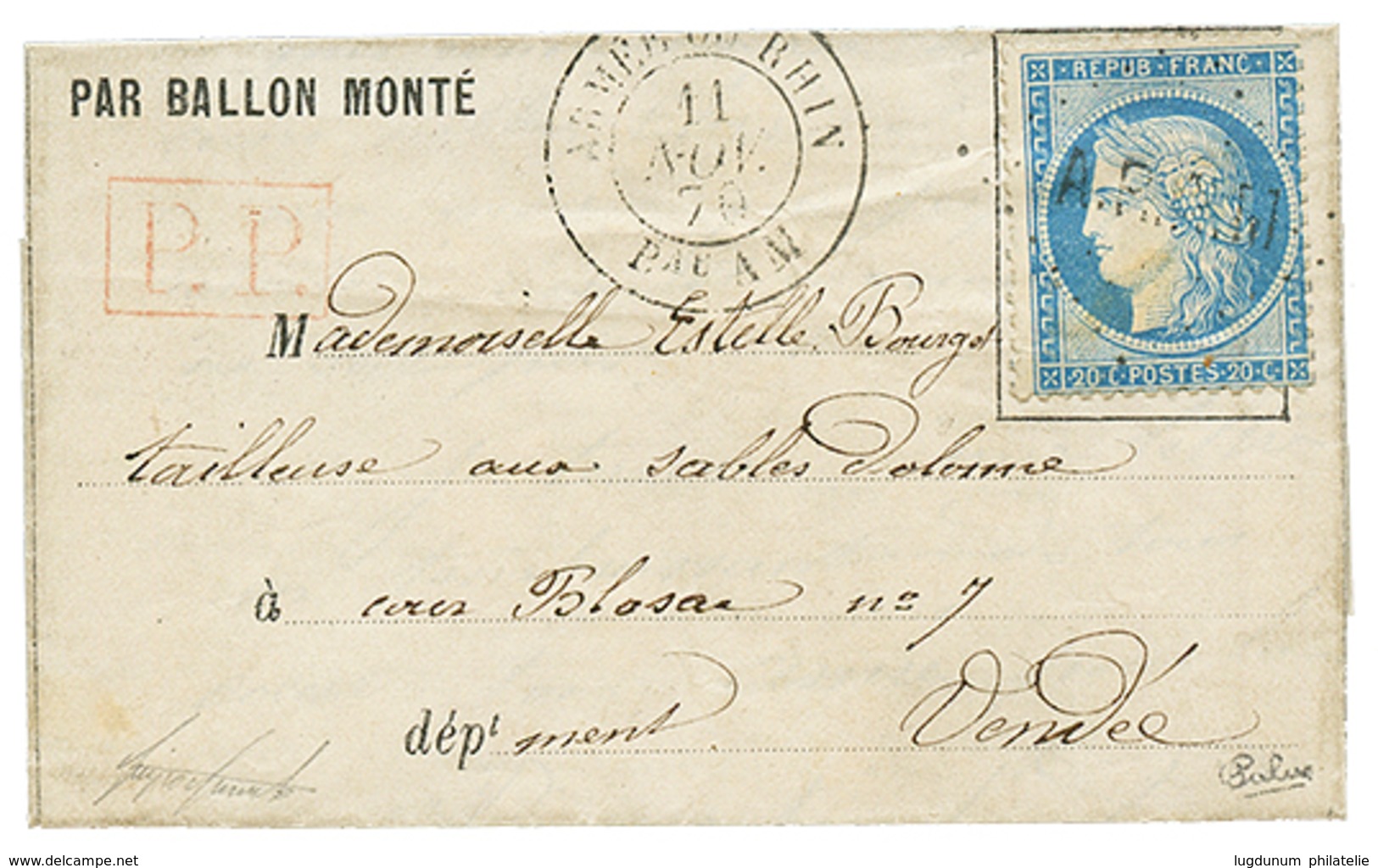 428 20c(n°37) Obl. A.R.A.M + ARMEE DU RHIN Bau AM Sur Lettre PAR BALLON MONTE Avec Texte Daté "YVRIE" Pour LES SABLES D' - War 1870