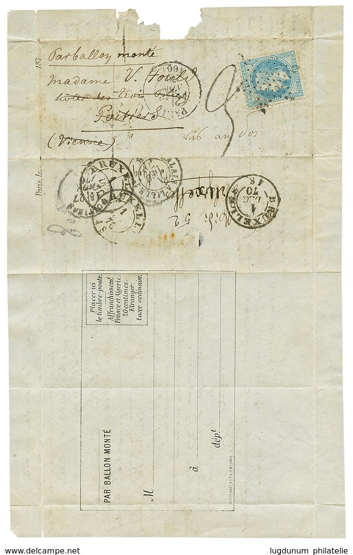 429 1870 20c(n°29) Obl. Etoile + PARIS 12 Nov 70 + Taxe 3 Tampon Sur Lettre Avec Texte Pour POITIERS Réexpédiée à BRUXEL - War 1870