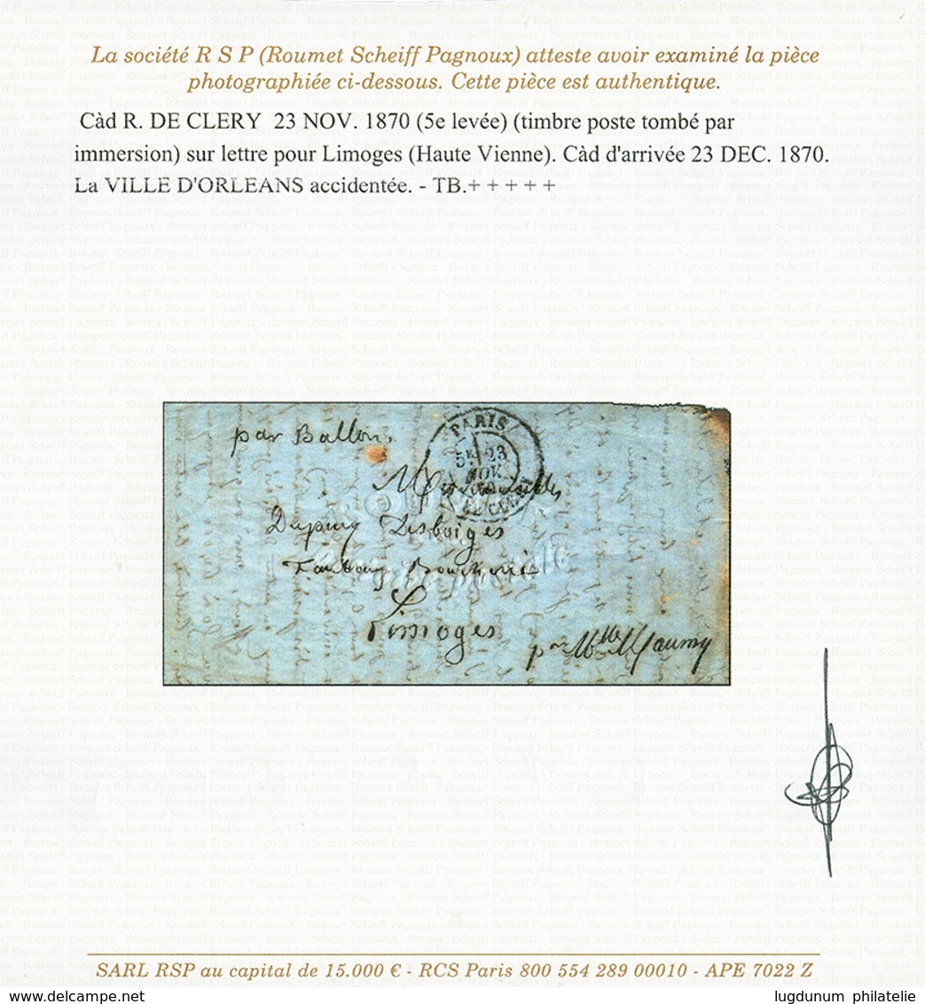 432 Lettre Accidentée Du BALLON "LA VILLE D' ORLEANS" : PARIS 23 Nov 70 Sur Lettre (timbre Tombé Suite à L' Immersion) S - Krieg 1870