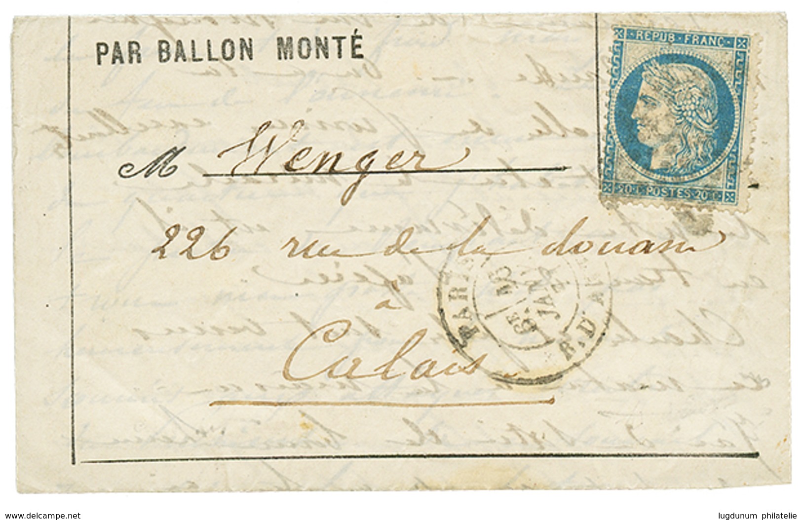 438 20c(n°37) Obl. Etoile + PARIS 16 Janv 71 Sur Lettre Pour CALAIS. Verso, CALAIS 21 Janv71. Ballon "POSTE DE PARIS". C - War 1870