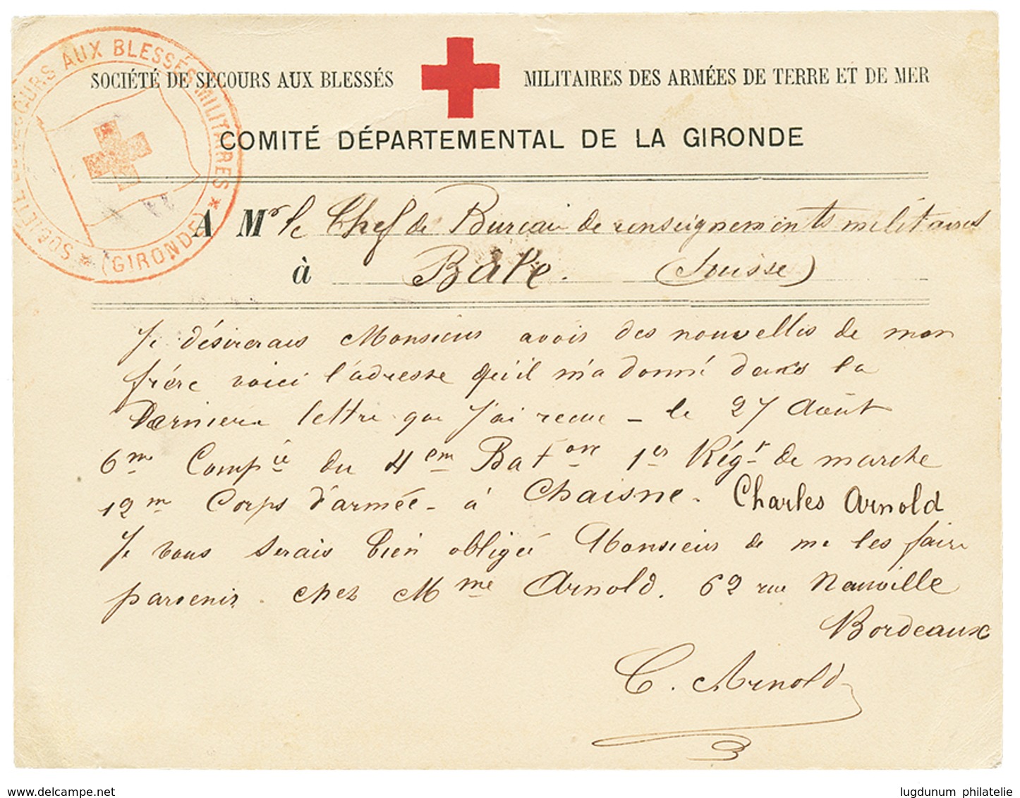 443 GUERRE 1870 - CROIX ROUGE - RED CROSS : Cachet Trés Rare SECOURS AUX BLESSES MILITAIRES GIRONDE Sur Carte De BORDEAU - Guerre De 1870