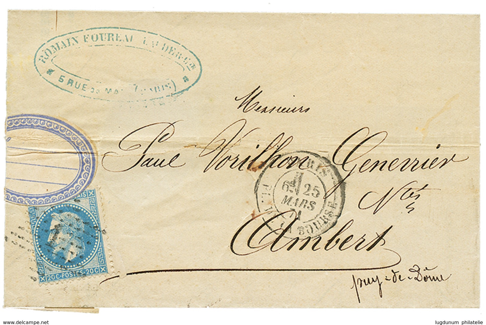 445 COMMUNE DE PARIS : 1871 20c(n°29) Obl. Etoile + PARIS 25 Mars 71 Sur Lettre Pour AMBERT. TTB. - War 1870