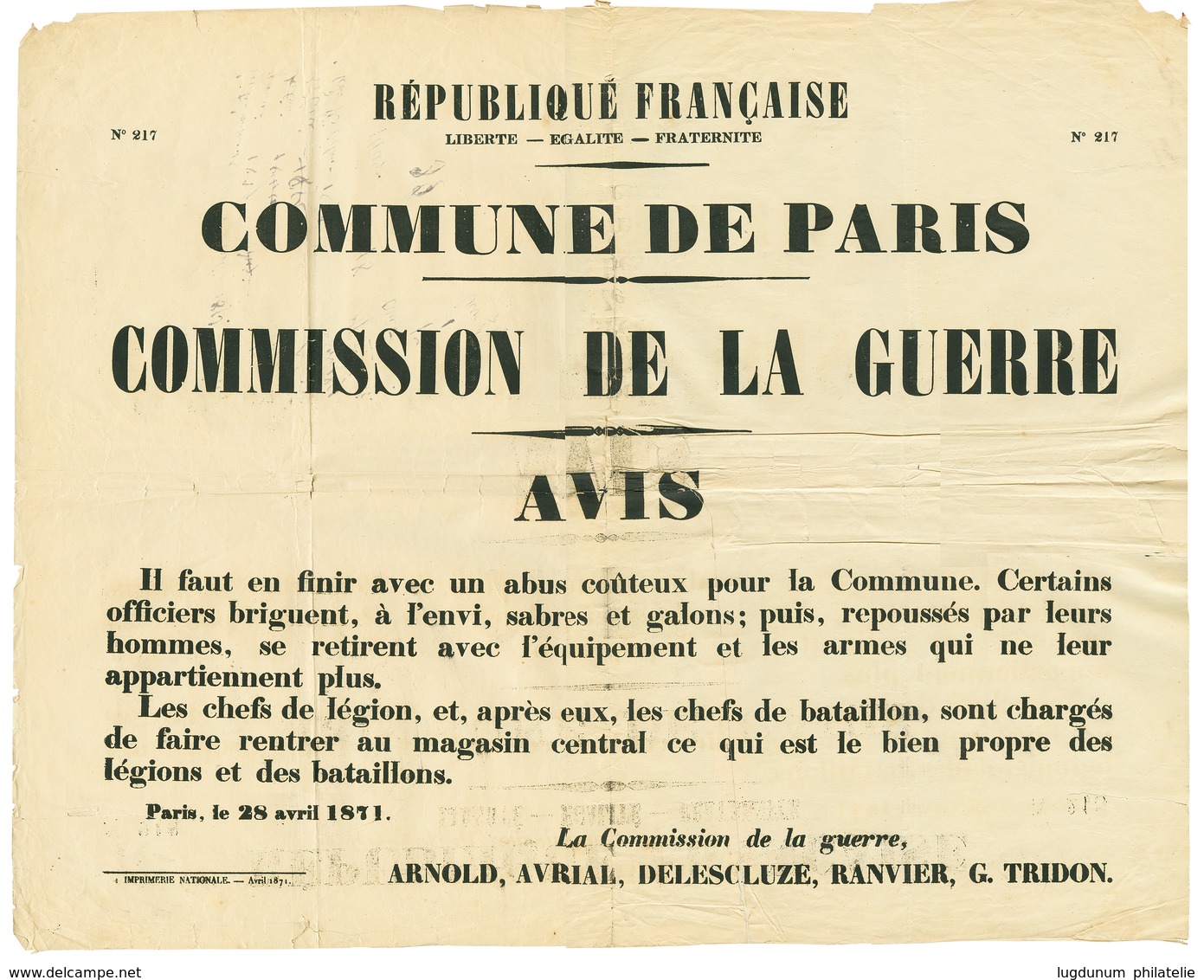 447 COMMUNE DE PARIS : 1871 AFFICHE Officielle De LA COMMUNE DE PARIS -COMMISSION DE LA GUERRE. Rare. TB. - Krieg 1870