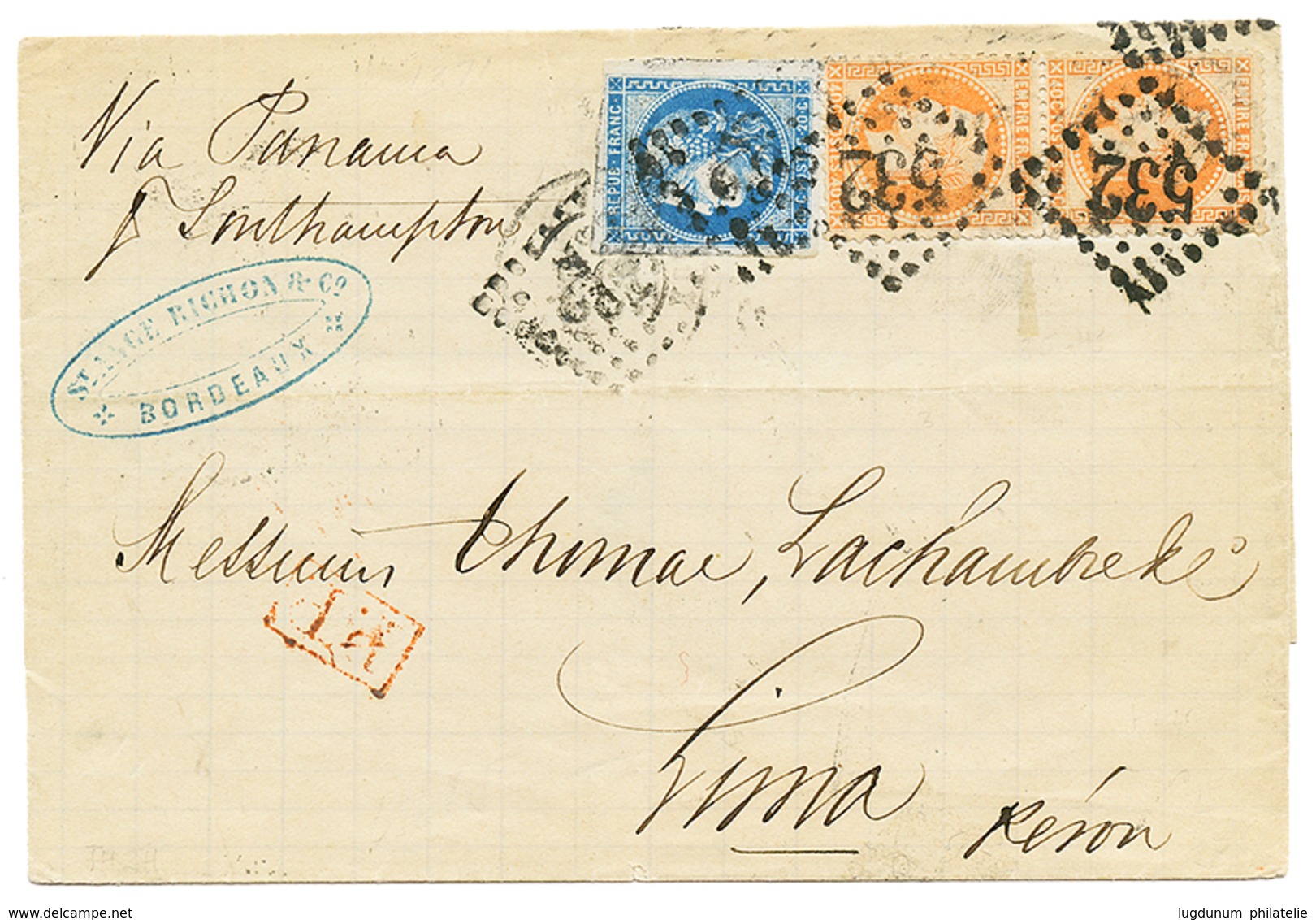 450 1871 20c BORDEAUX(n°46) TB Margé + Paire 40c(n°31) Sur Lettre De BORDEAUX Pour LIMA(PEROU). TB. - 1870 Ausgabe Bordeaux