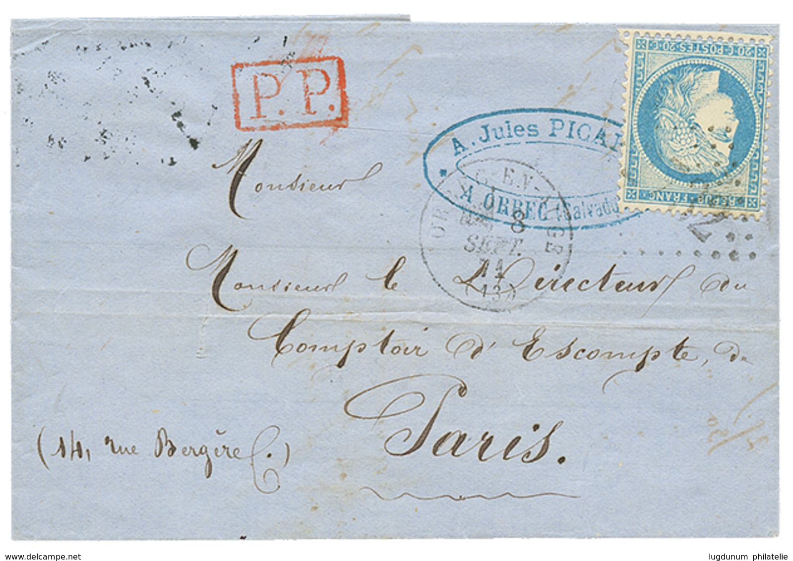 453 "Affrt De Fortune De SEPTEMBRE 1871" : 20c SIEGE(n°37) Obl. GC 2732 + T.16 ORBEC-EN-AUGE 8 Sept 71 +cachet P.P Rouge - 1871-1875 Ceres