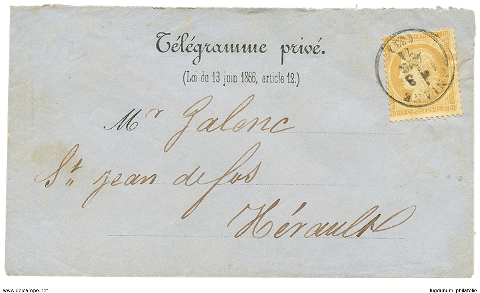 454 1874 15c CERES Obl. T.16 ANIANE Sur Enveloppe TELEGRAMME. Verso, Cachet STATION ANIANE. TTB. - 1871-1875 Ceres