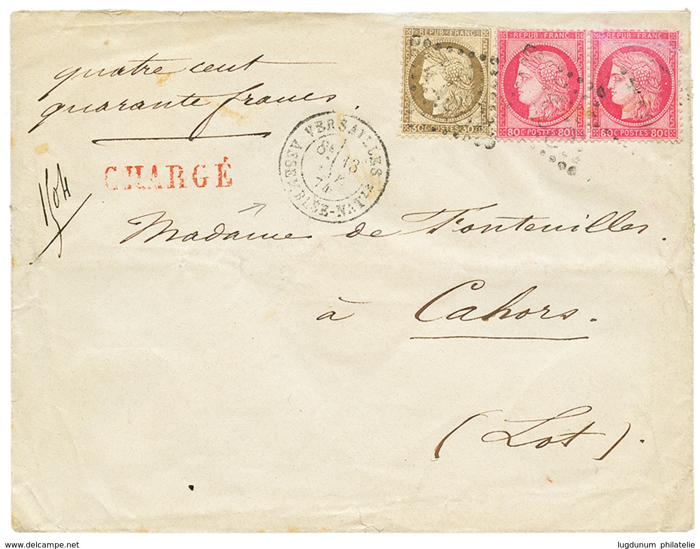 460 "ASNA - CHARGE" : 1874 CERES 30c + Paire 80c(un Timbre Restauration Esthétique En Haut) Obl. GC 4158 + VERSAILLES AS - 1871-1875 Ceres