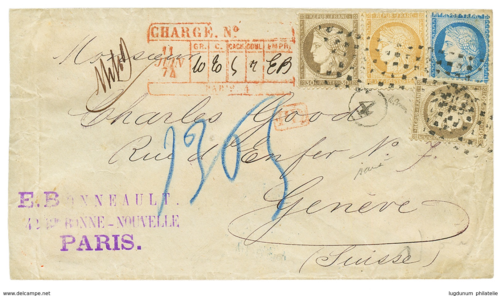 461 1874 CERES 15c+ 25c+ 30c(x2) Obl. ROULETTE De GROS POINTS Sur Enveloppe CHARGEE De PARIS Pour La SUISSE. Signé BRUN. - 1871-1875 Cérès