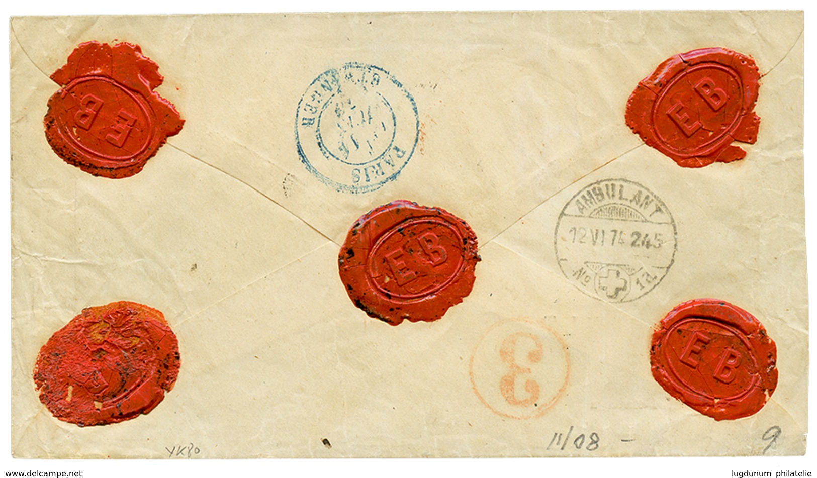 461 1874 CERES 15c+ 25c+ 30c(x2) Obl. ROULETTE De GROS POINTS Sur Enveloppe CHARGEE De PARIS Pour La SUISSE. Signé BRUN. - 1871-1875 Ceres