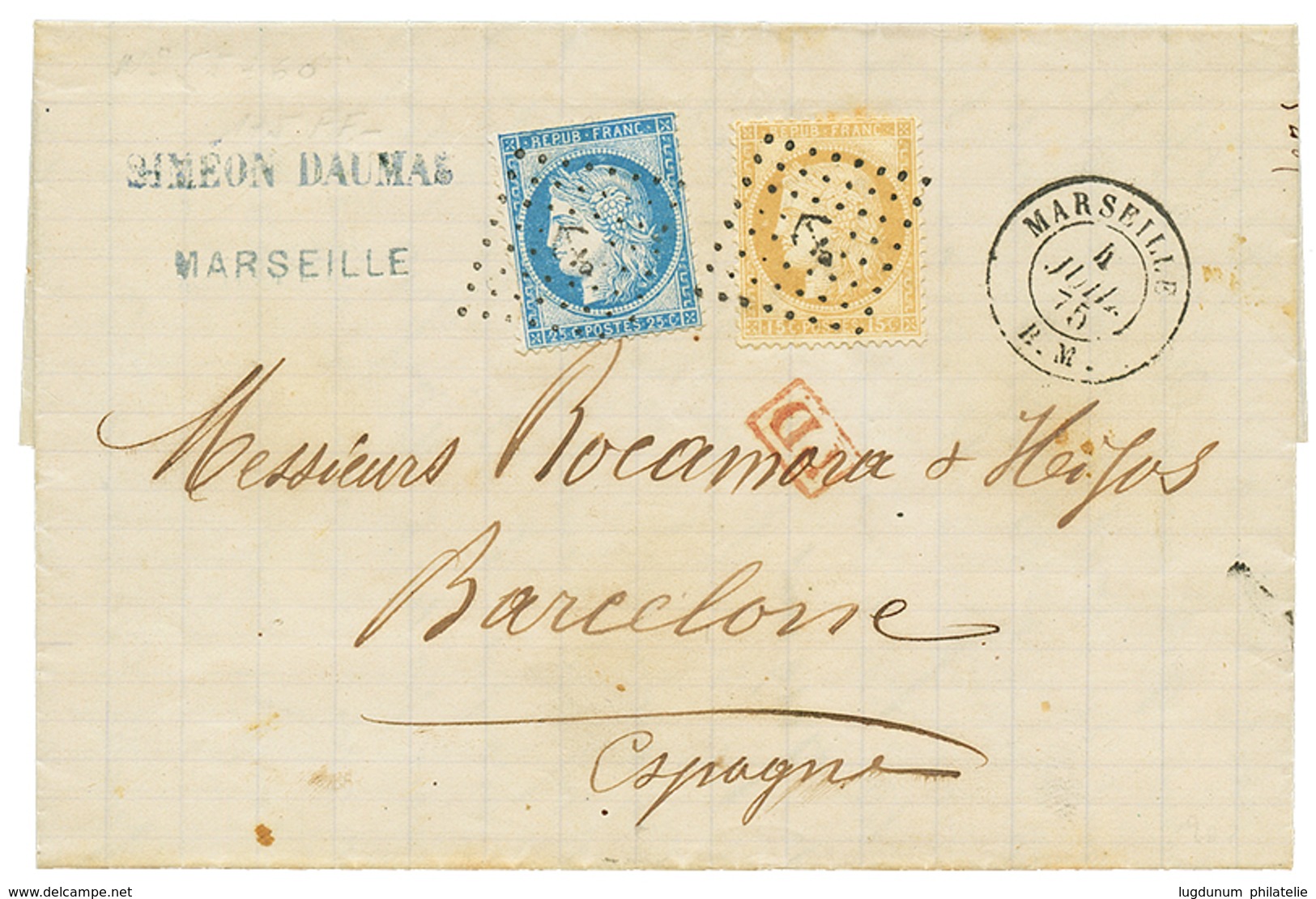464 "BOITE MOBILE Pour L' ESPAGNE" : 1875 CERES 15c + 25c Obl. ANCRE + MARSEILLE B.M Sur Lettre De MARSEILLE Pour BARCEL - 1871-1875 Ceres