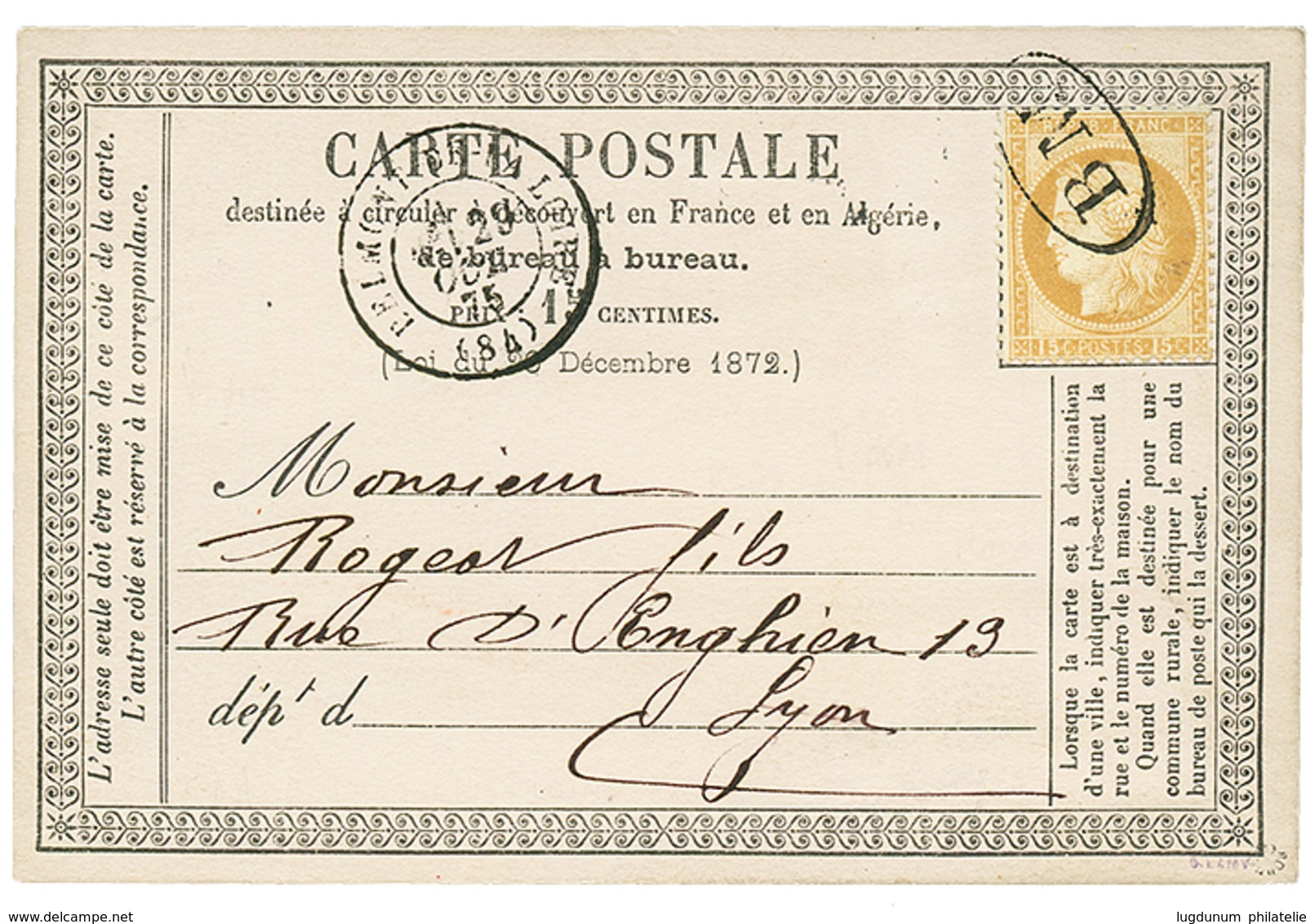 465 1875 15c CERES Obl. B.M Oval + BELMONT DE LA LOIRE Sur CARTE PRECURSEUR Datée "CHARLIEU". TTB. - 1871-1875 Cérès