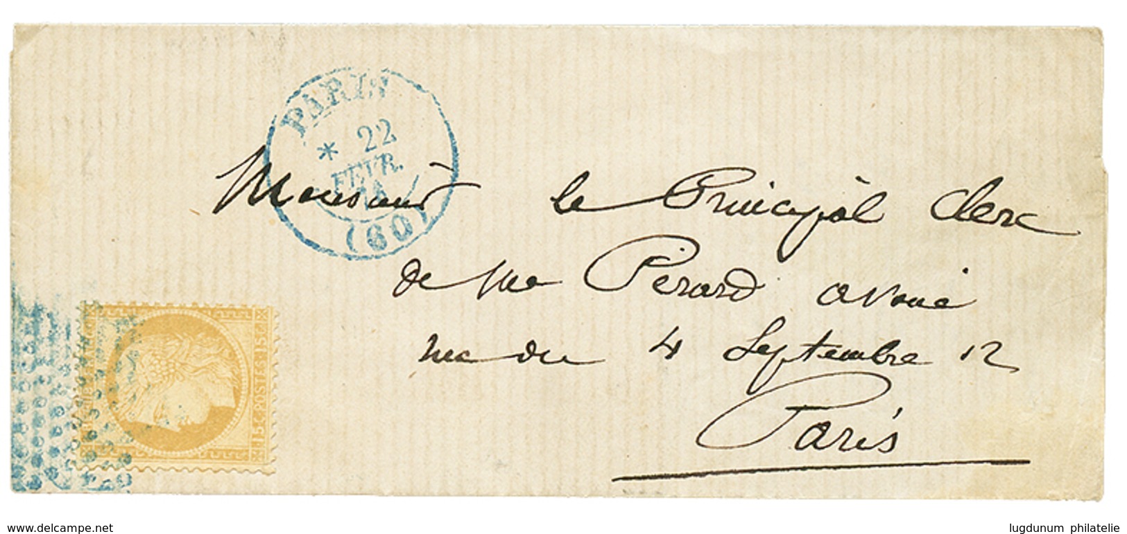 466 1876 15c CERES(n°55) Obl. Etoile Bleue + PARIS(60) En Bleu Sur Lettre Locale. Superbe. - 1871-1875 Cérès