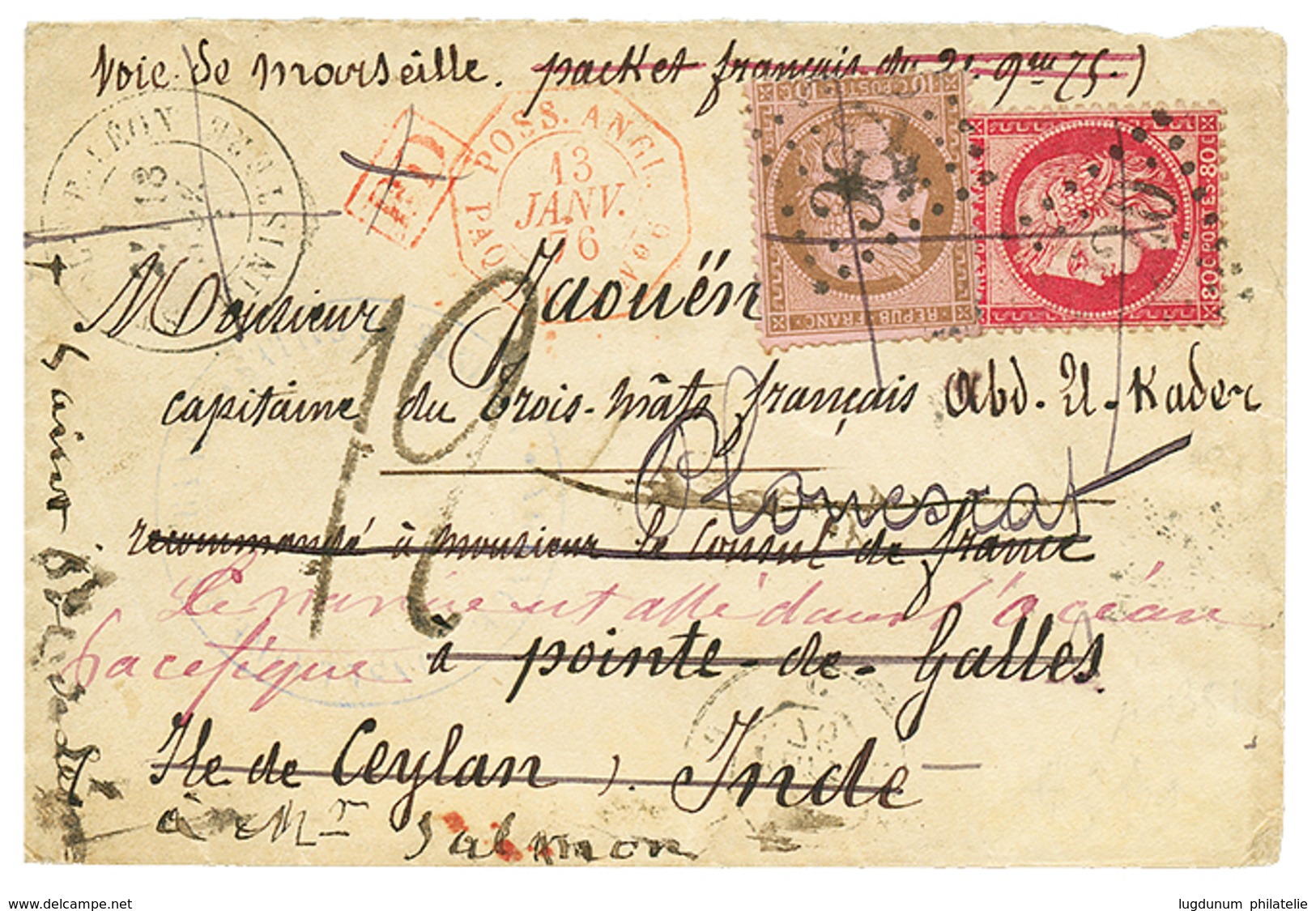 468 "Lettre Taxée Pour CEYLON" : 1876 CERES 10c + 80c Obl. GC 3620 + ST POL DE LEON + Cachet Maritime Rouge POSS. ANGL.  - 1871-1875 Cérès