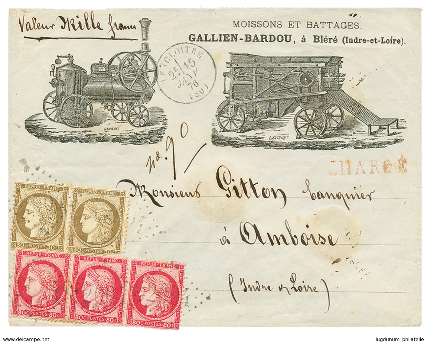 470 1876 80c CERES Bande De 3 + Paire 30c CERES(pd) Obl. GC 2004 + T.16 LEN CLOITRES Sur Magnifique Enveloppe Illustrée  - 1871-1875 Cérès