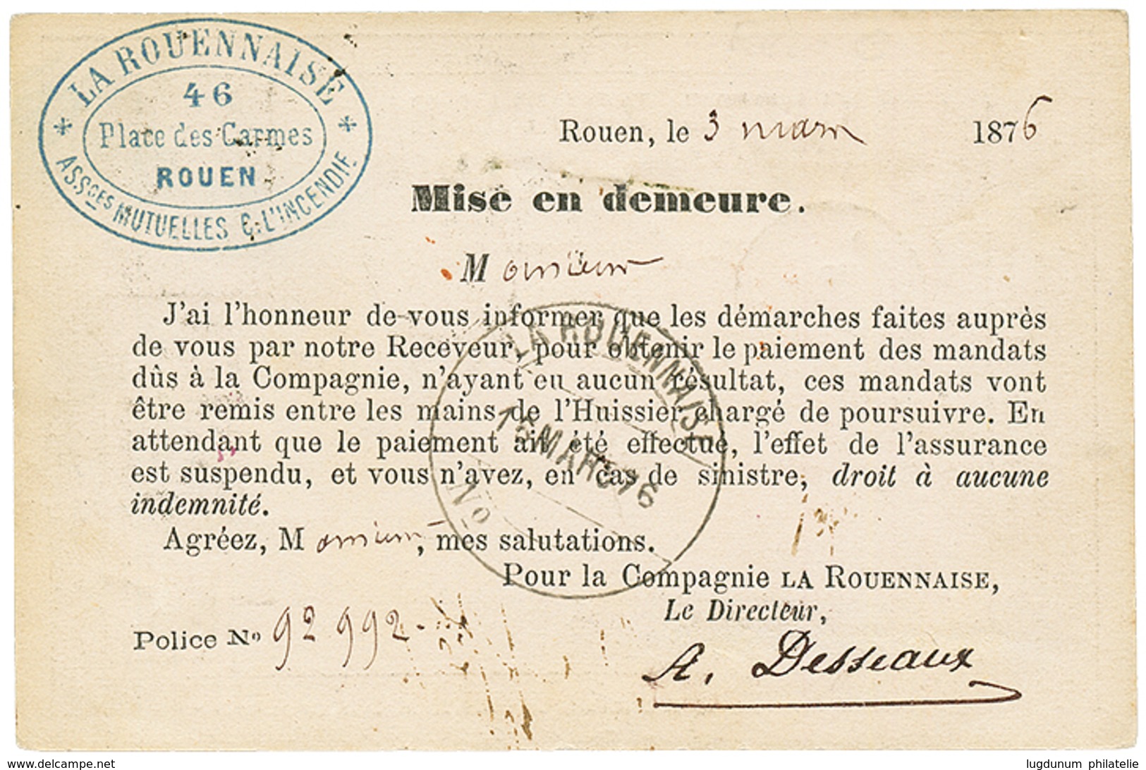 472 1876 CERES 15c + 25c Obl. GC + T.17 ROUEN Sur CARTE PRECURSEUR (picage Privé Au Verso) RECOMMANDEE. TB. - 1871-1875 Ceres