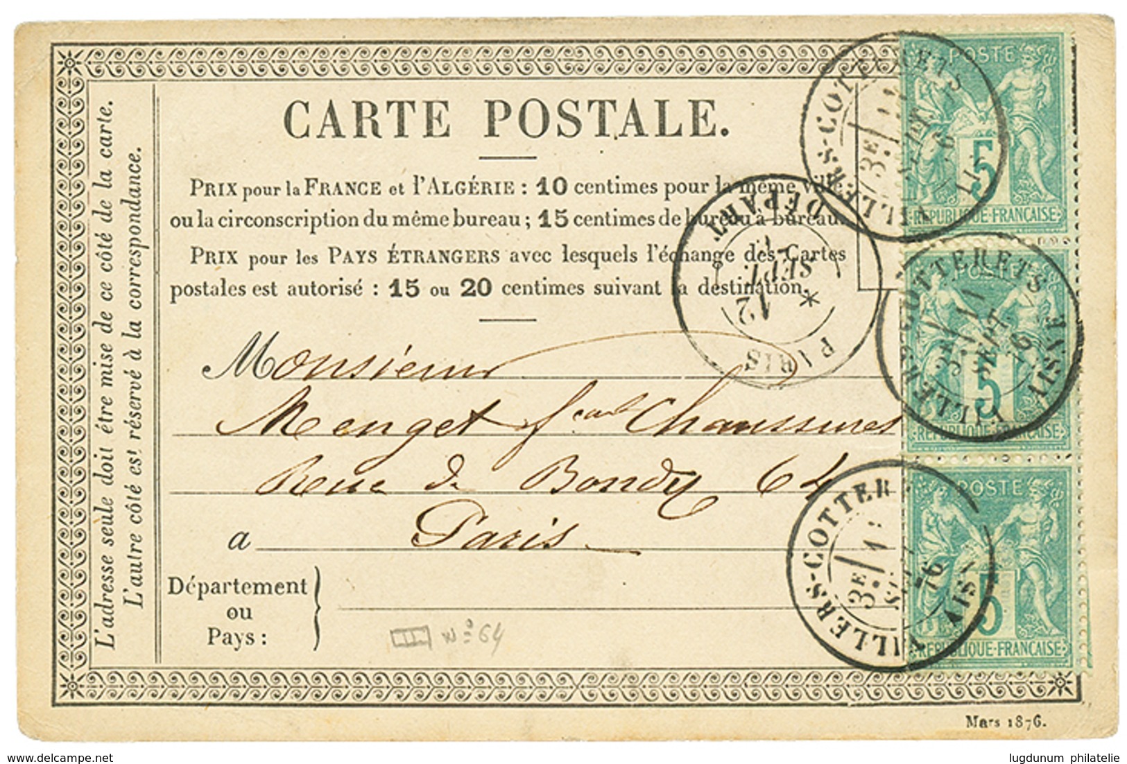 476 TYPE I : 1876 Bande De 3 Du 5c(n°64) Obl. VILLERS COTTERETS Sur CARTE PRECURSEUR Pour PARIS. TTB. - 1876-1878 Sage (Typ I)