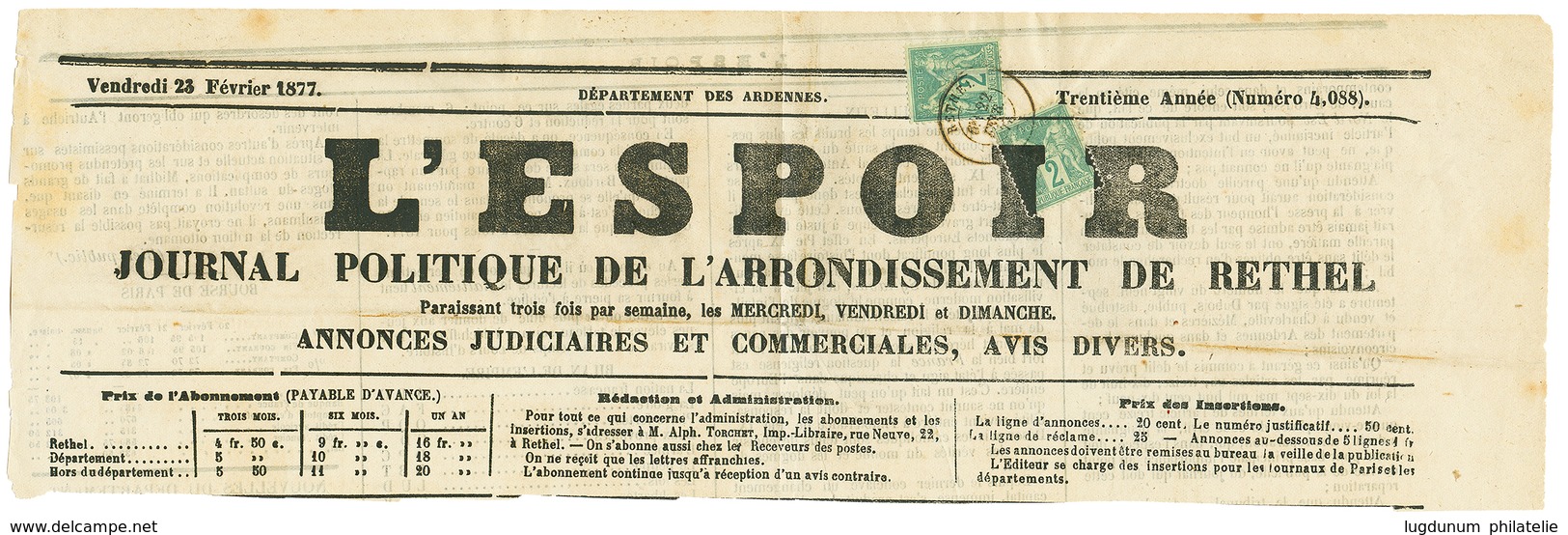 481 1877 2c(n°74) Obl. TYPOGRAPHIQUE +2c(n°74) Obl. T.17 RETHEL Sur Partie Supérieure Du JOURNAL "L' ESPOIR". Combinaiso - 1876-1878 Sage (Typ I)