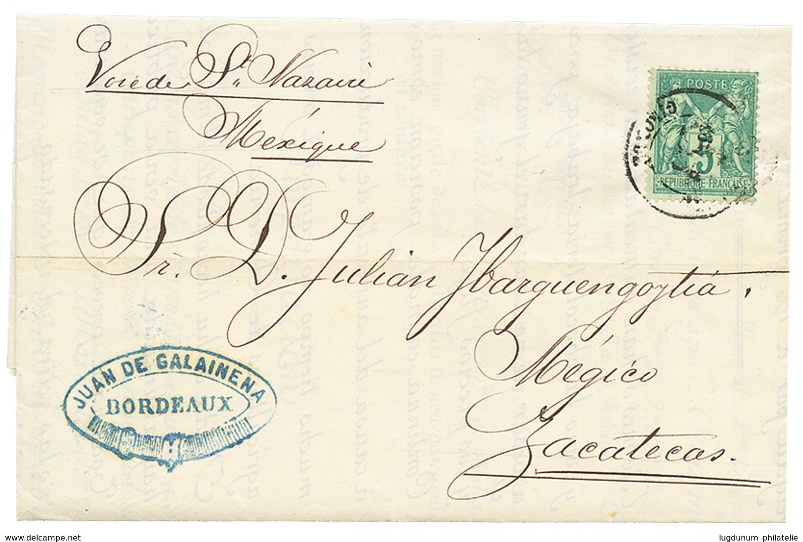 486 "TARIF IMPRIME Pour LE MEXIQUE" : 1882 5c Obl. BORDEAUX Sur Lettre Pour ZACATECAS (MEXIQUE). TTB. - 1876-1878 Sage (Type I)