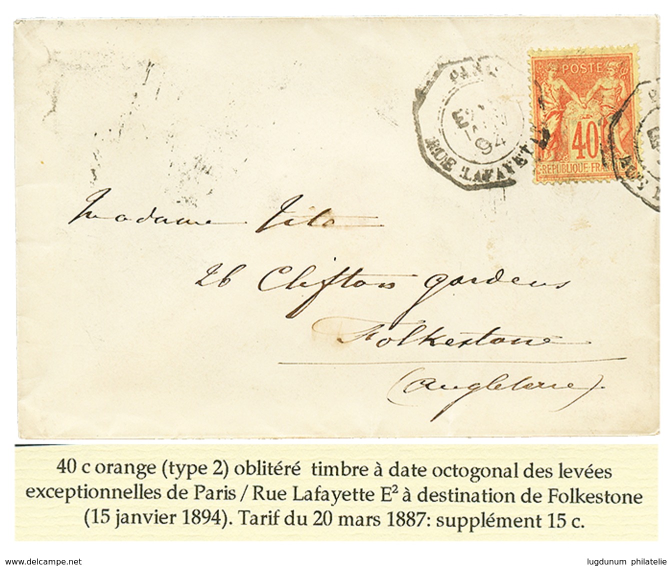 490 1894 40c SAGE + LEVEE EXCEPTIONNELLE PARIS/E2 Pour FOLKESTONE (ANGLETERRE). TB. - 1876-1878 Sage (Typ I)