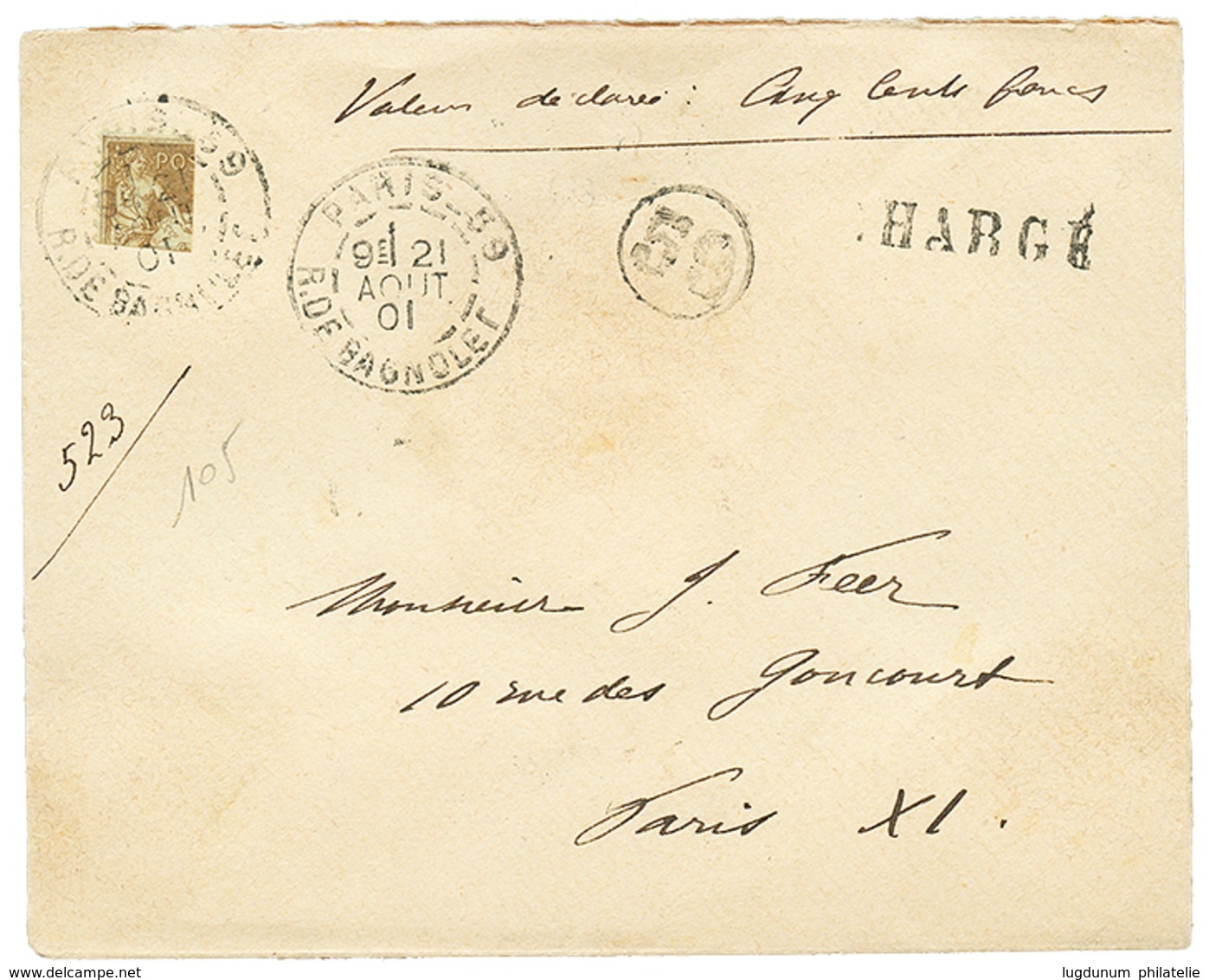 497 1901 Quart De Timbre Du 2F SAGE Obl. PARIS Sur Env. CHARGEE (VD= 500F). Superbe Curiosité Accepté Par La Poste. TTB. - 1876-1878 Sage (Typ I)